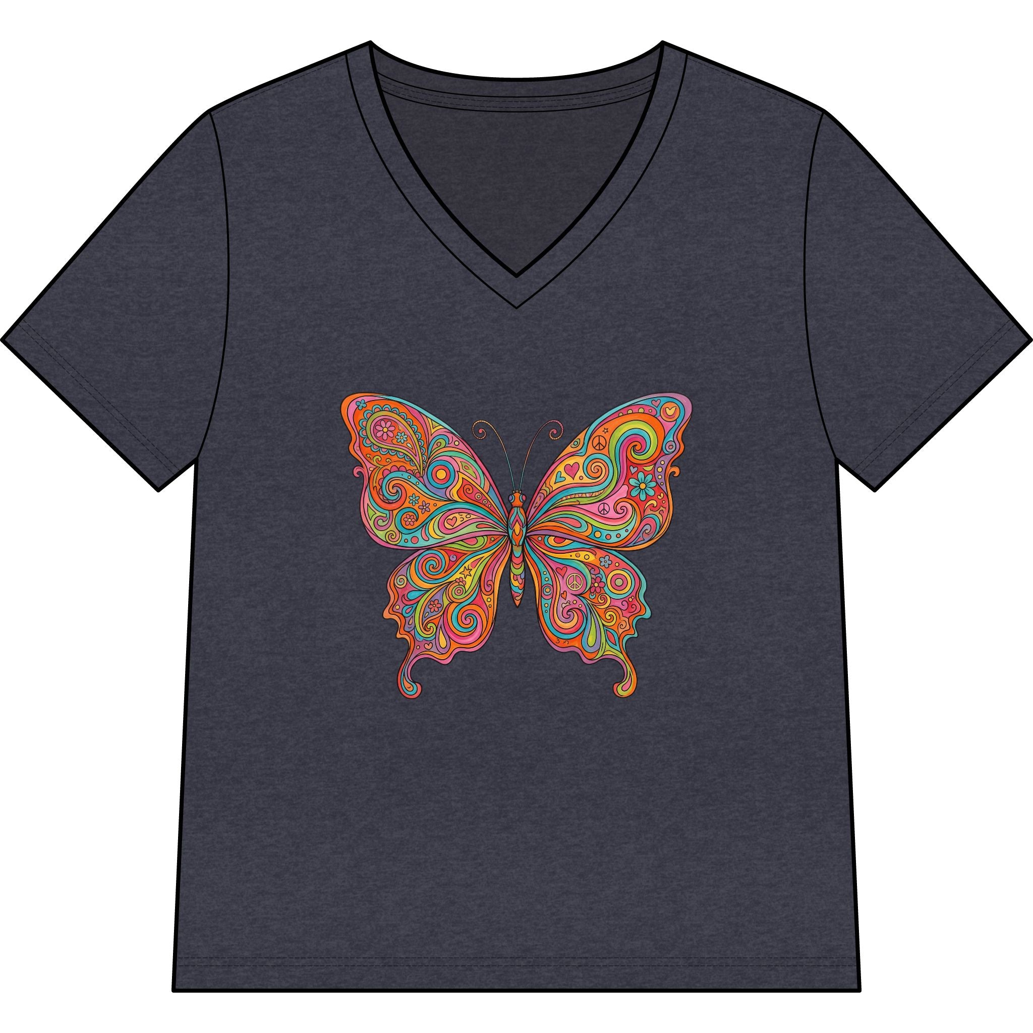 Butterfly Paisley V-Neck Tee — Colorful Boho Floral Graphic for Women