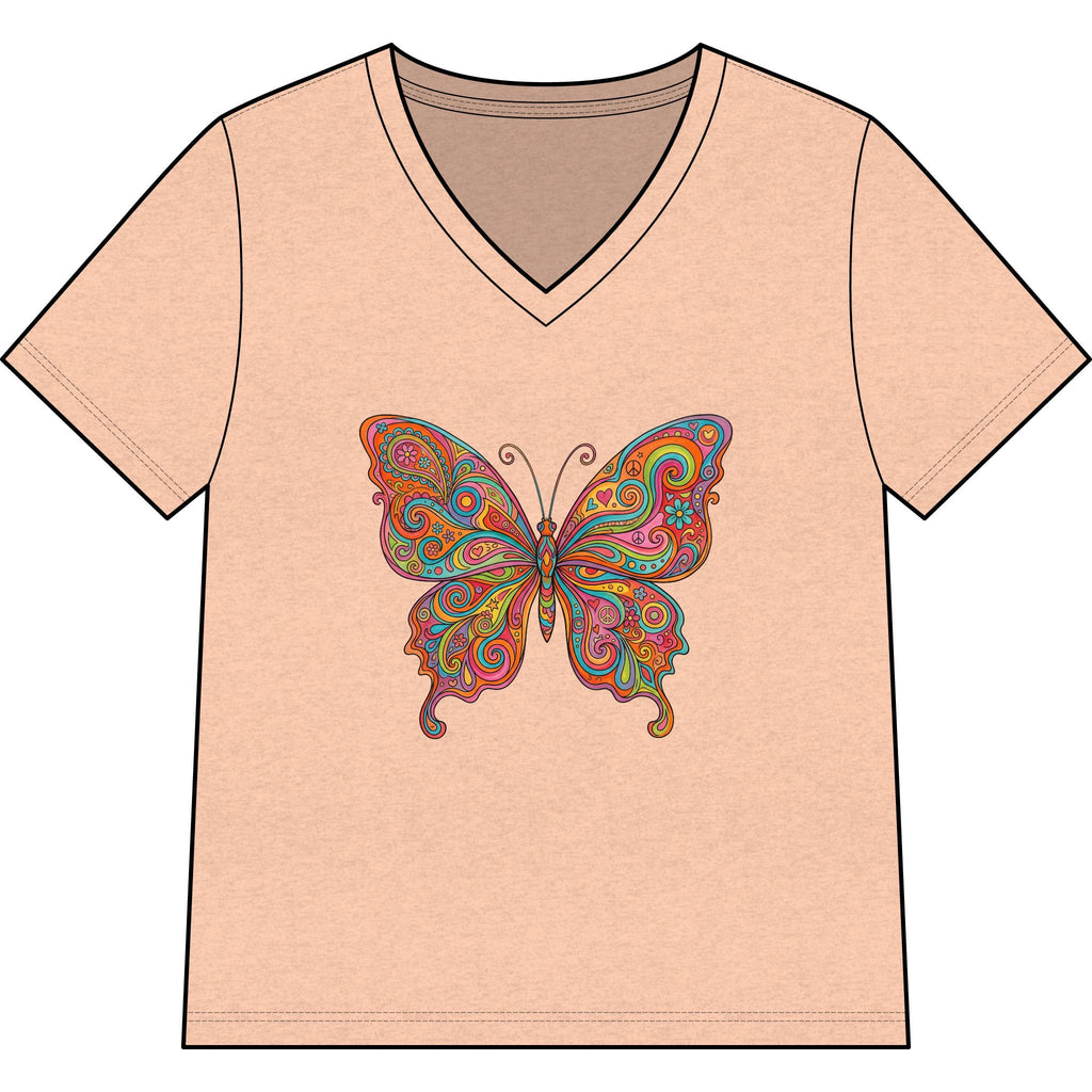 Butterfly Paisley V-Neck Tee — Colorful Boho Floral Graphic for Women
