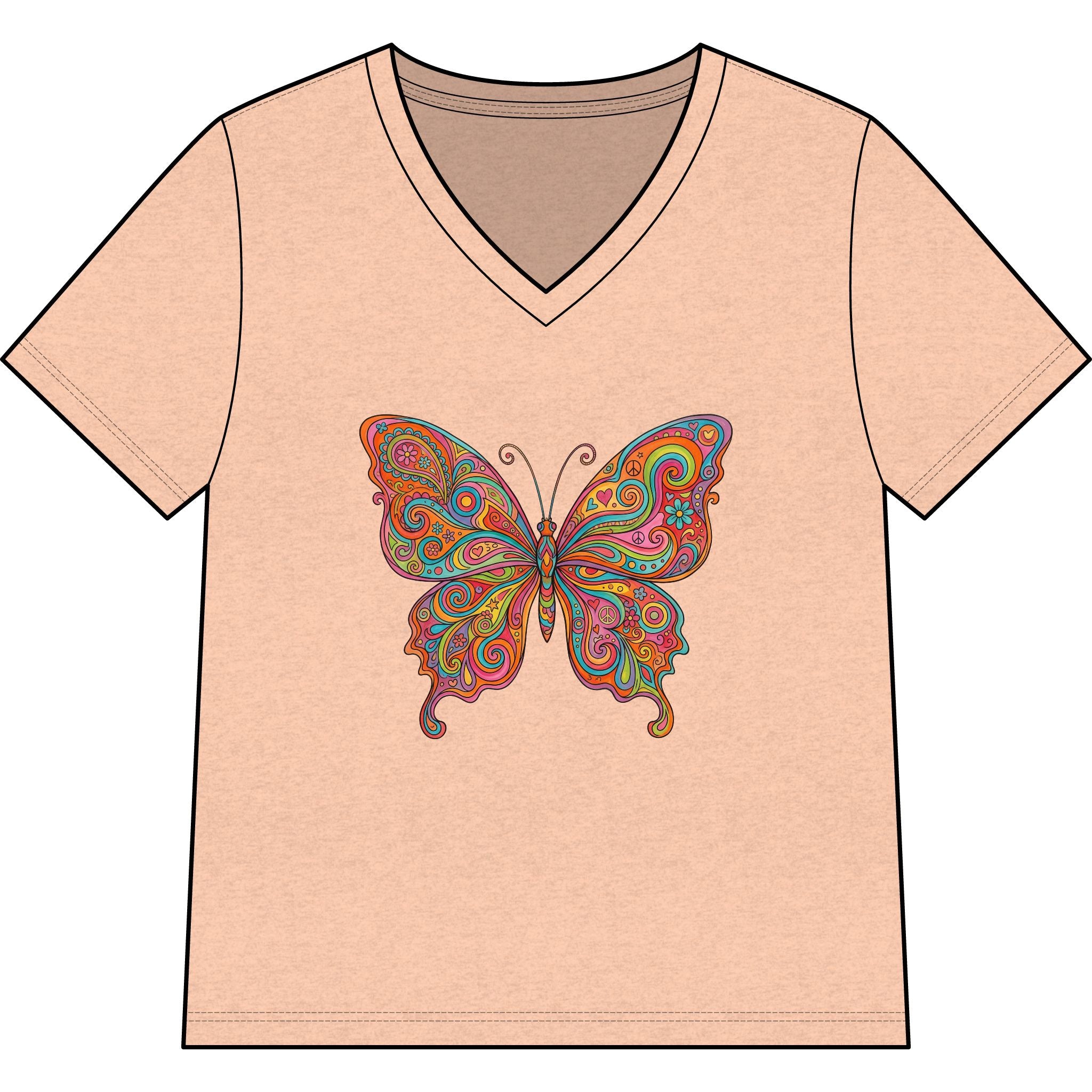 Butterfly Paisley V-Neck Tee — Colorful Boho Floral Graphic for Women