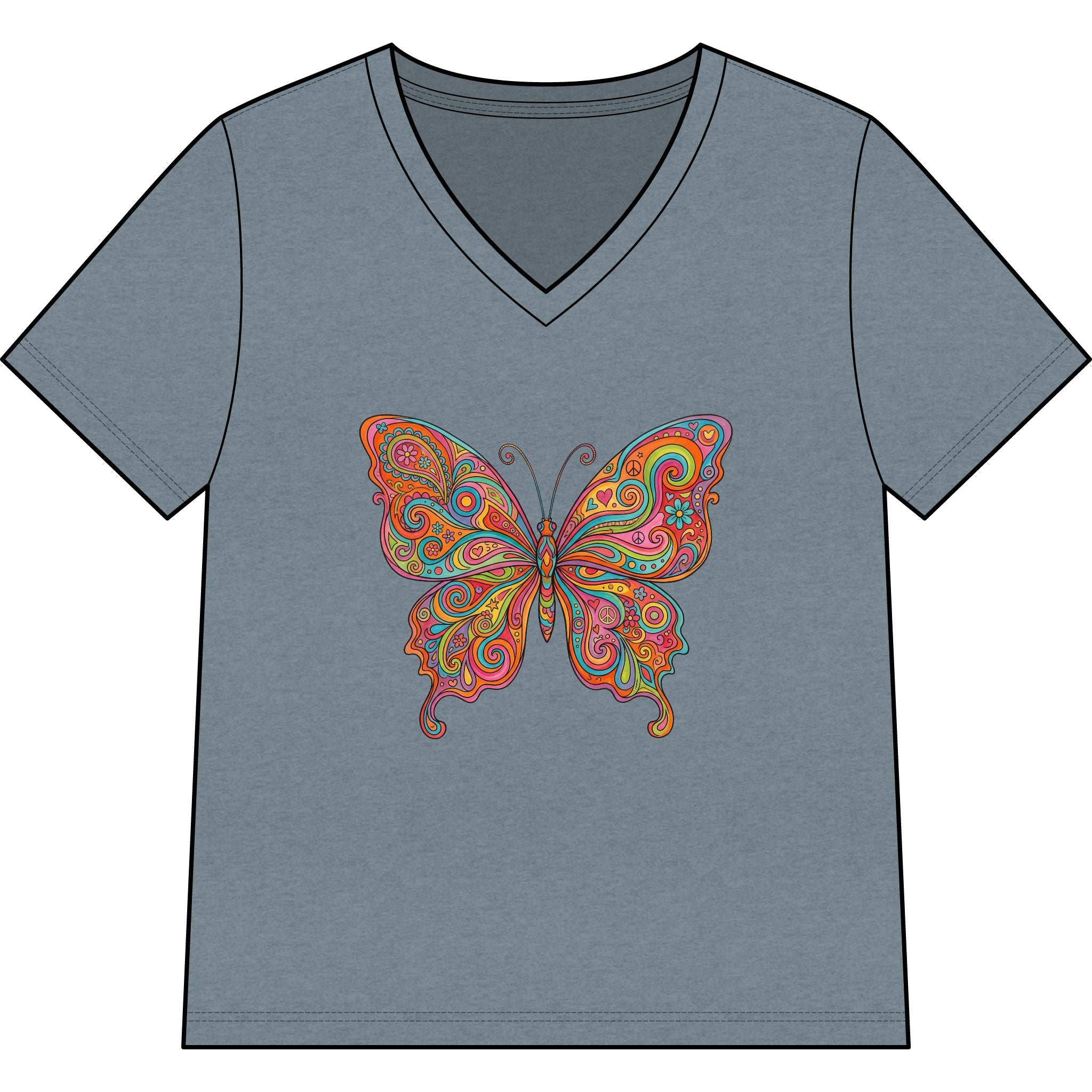 Butterfly Paisley V-Neck Tee — Colorful Boho Floral Graphic for Women