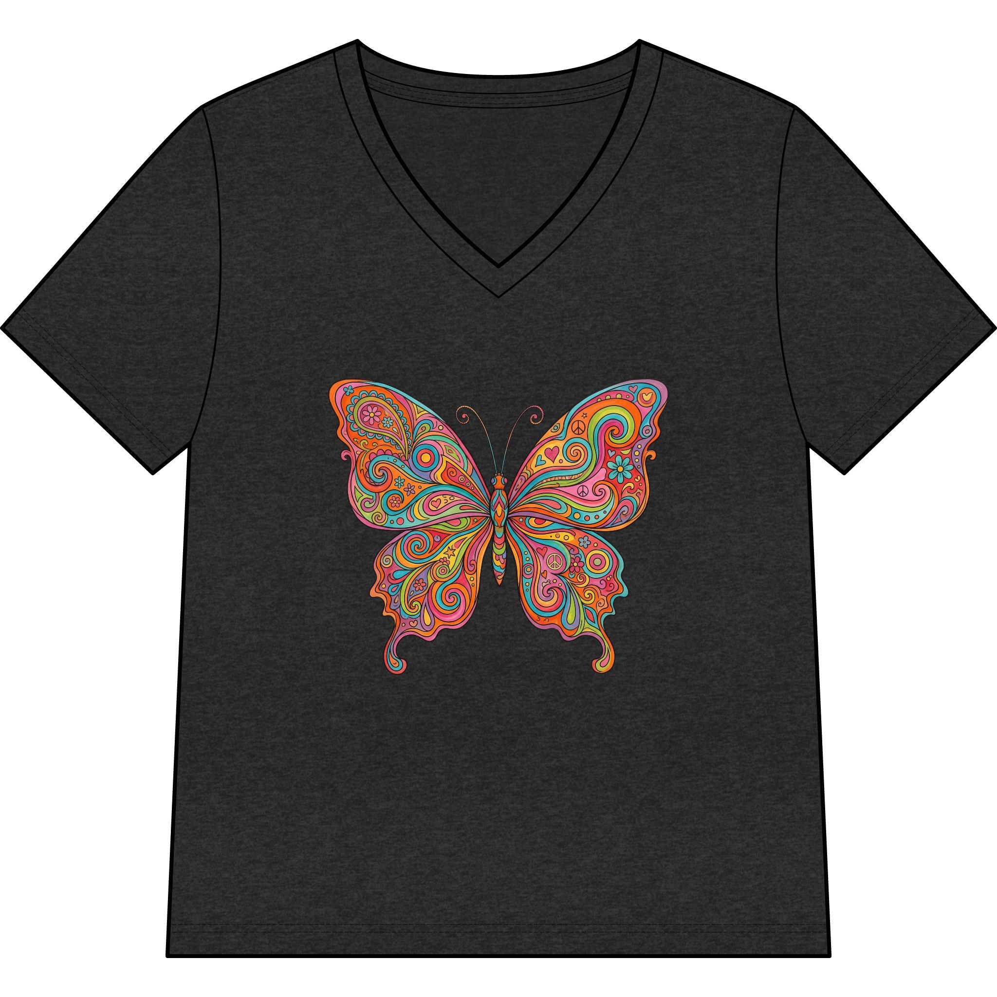 Butterfly Paisley V-Neck Tee — Colorful Boho Floral Graphic for Women