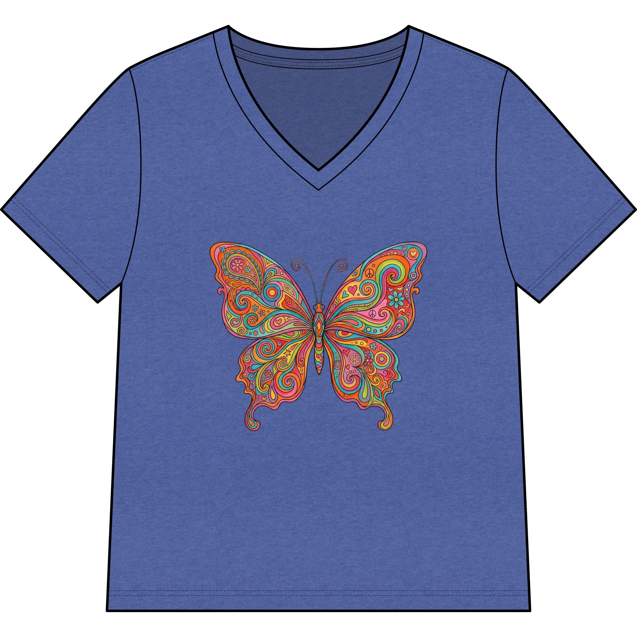 Butterfly Paisley V-Neck Tee — Colorful Boho Floral Graphic for Women