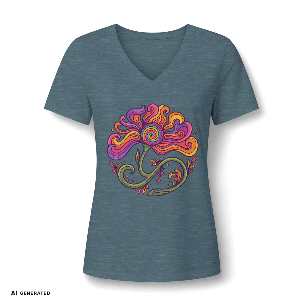Floral Swirl V-Neck Tee – Boho Blumen Graphic Tee Damen | musikworlds Artist Collection – AI GENERATED / KI-GENERIERT