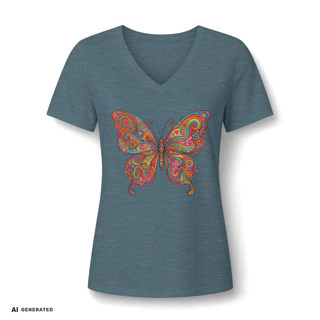 Butterfly Paisley V-Neck Tee – Buntes Boho Damen-Shirt | musikworlds Artist Collection – AI GENERATED / KI-GENERIERT