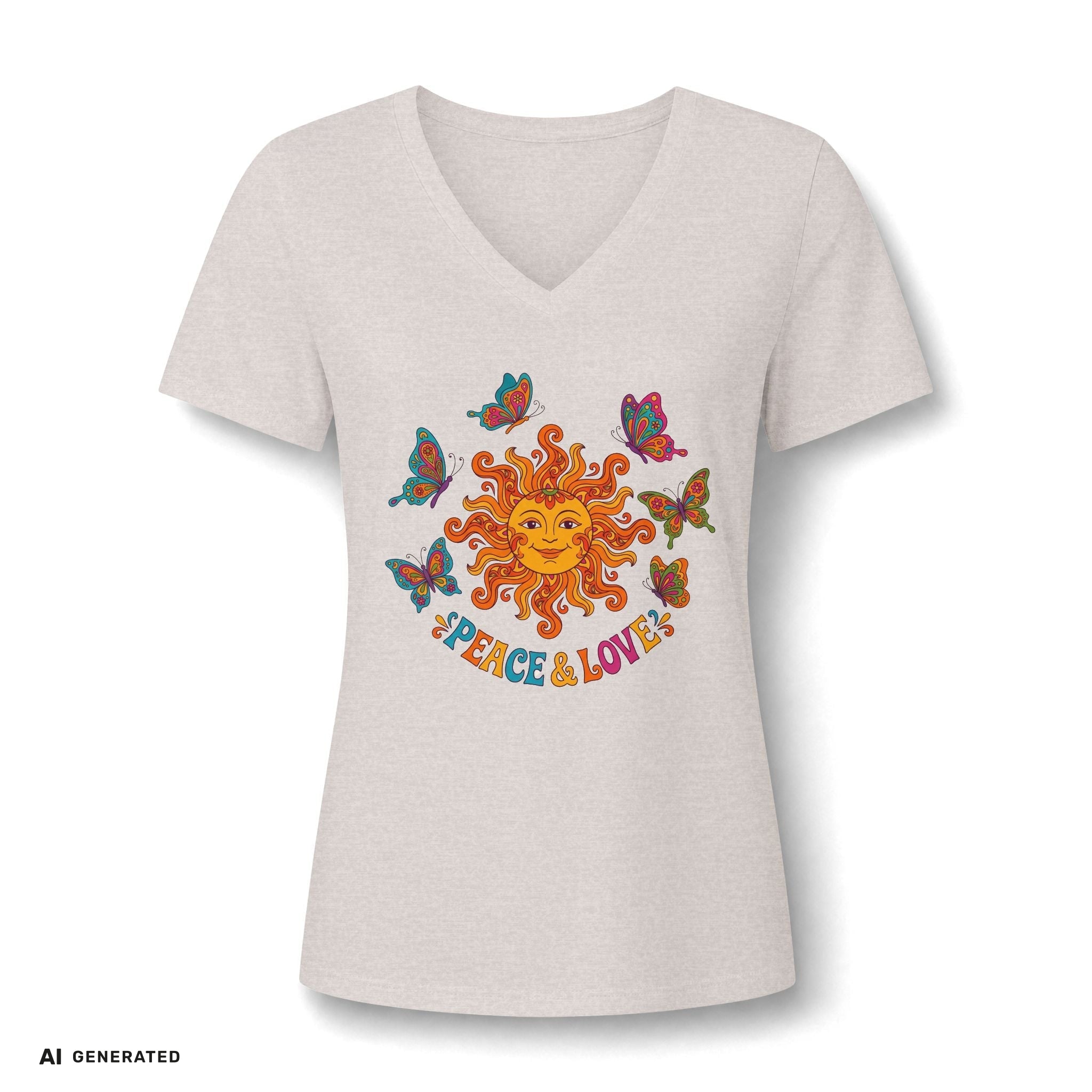 Peace & Love Sunflower Tee – Retro Boho V-Neck Damen | musikworlds Artist Collection – AI GENERATED / KI-GENERIERT