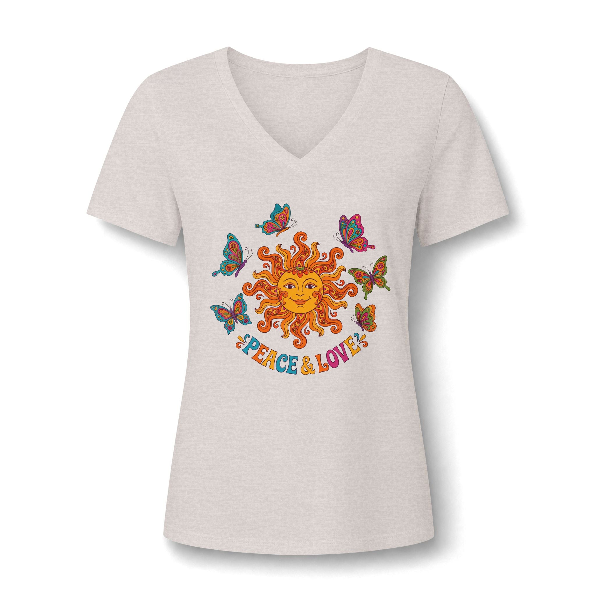 Peace & Love Sunflower Tee – Retro Boho V-Neck Damen | musikworlds Artist Collection