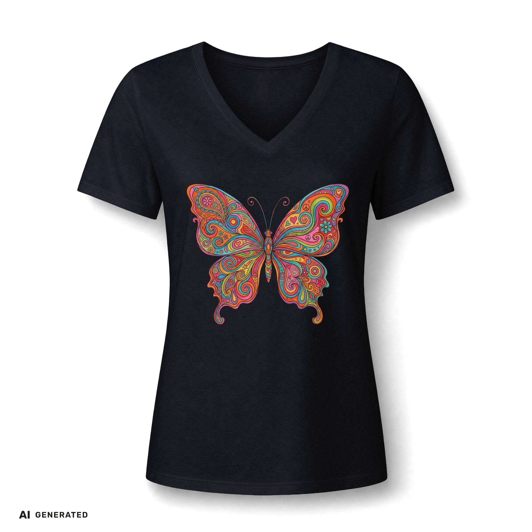 Butterfly Paisley V-Neck Tee – Buntes Boho Damen-Shirt | musikworlds Artist Collection – AI GENERATED / KI-GENERIERT