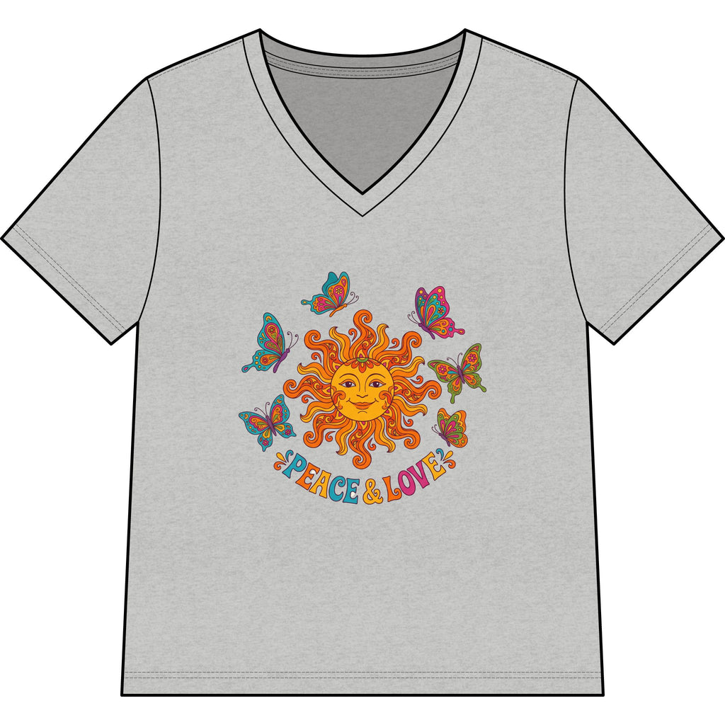 Peace & Love Sunflower Tee — Retro Sun and Butterflies V‑Neck