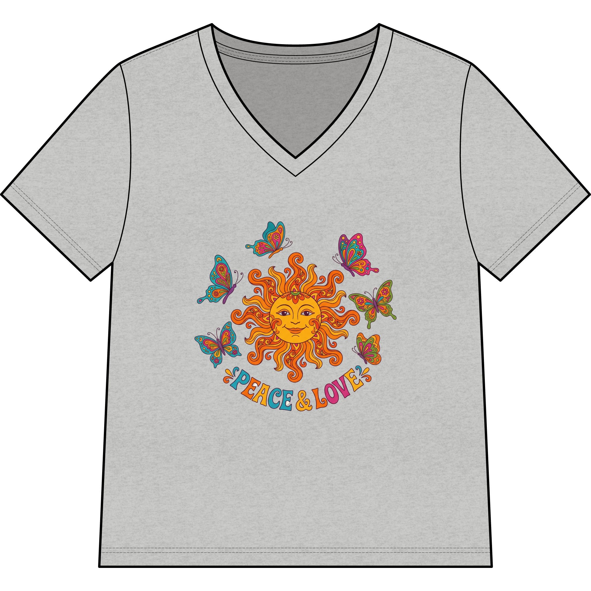 Peace & Love Sunflower Tee — Retro Sun and Butterflies V‑Neck
