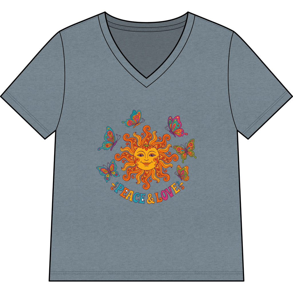 Peace & Love Sunflower Tee — Retro Sun and Butterflies V‑Neck