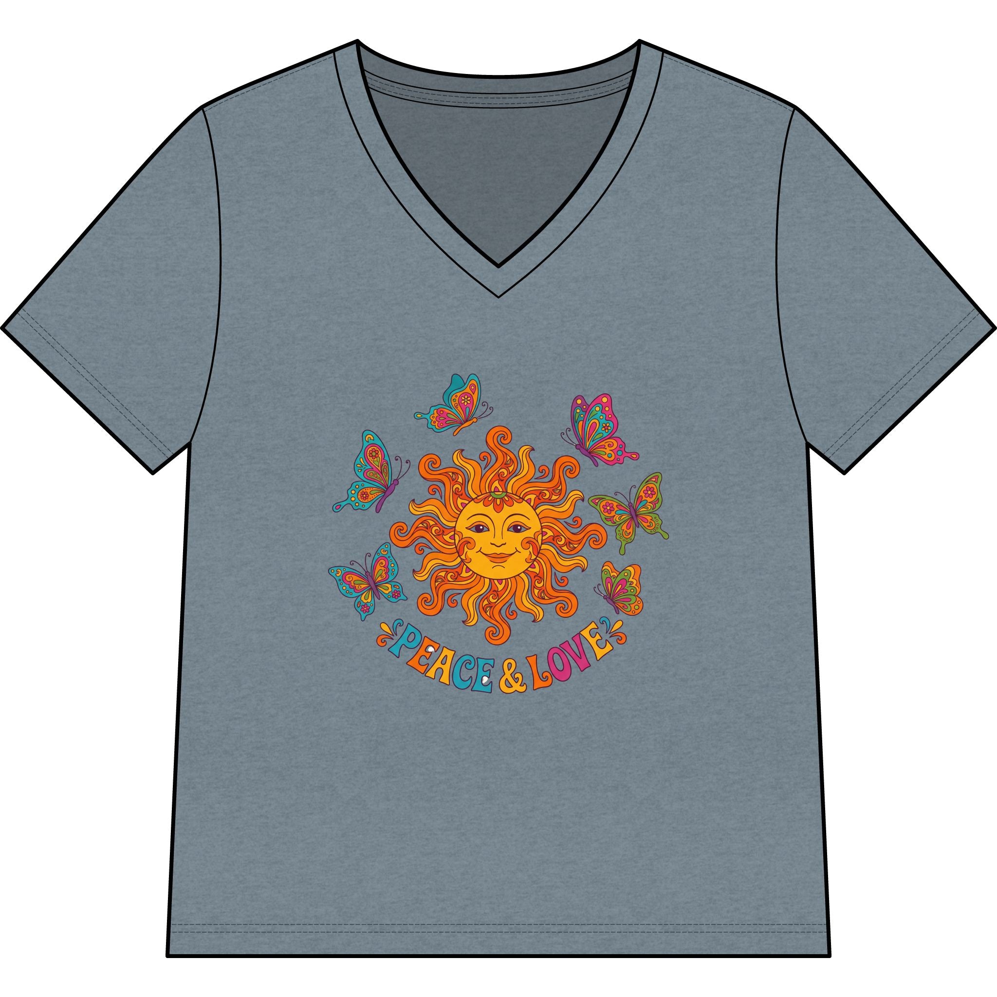 Peace & Love Sunflower Tee — Retro Sun and Butterflies V‑Neck