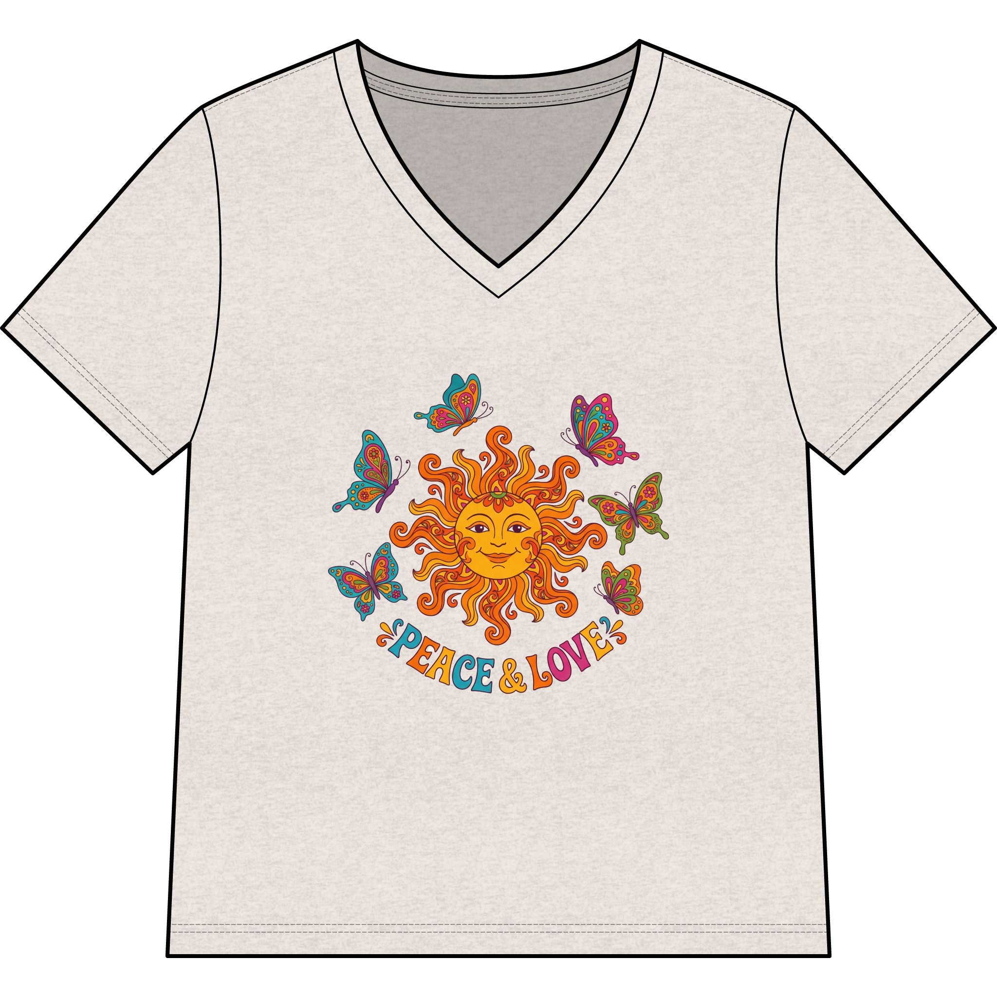 Peace & Love Sunflower Tee — Retro Sun and Butterflies V‑Neck