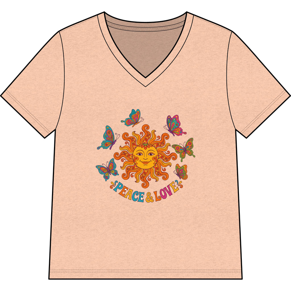 Peace & Love Sunflower Tee — Retro Sun and Butterflies V‑Neck