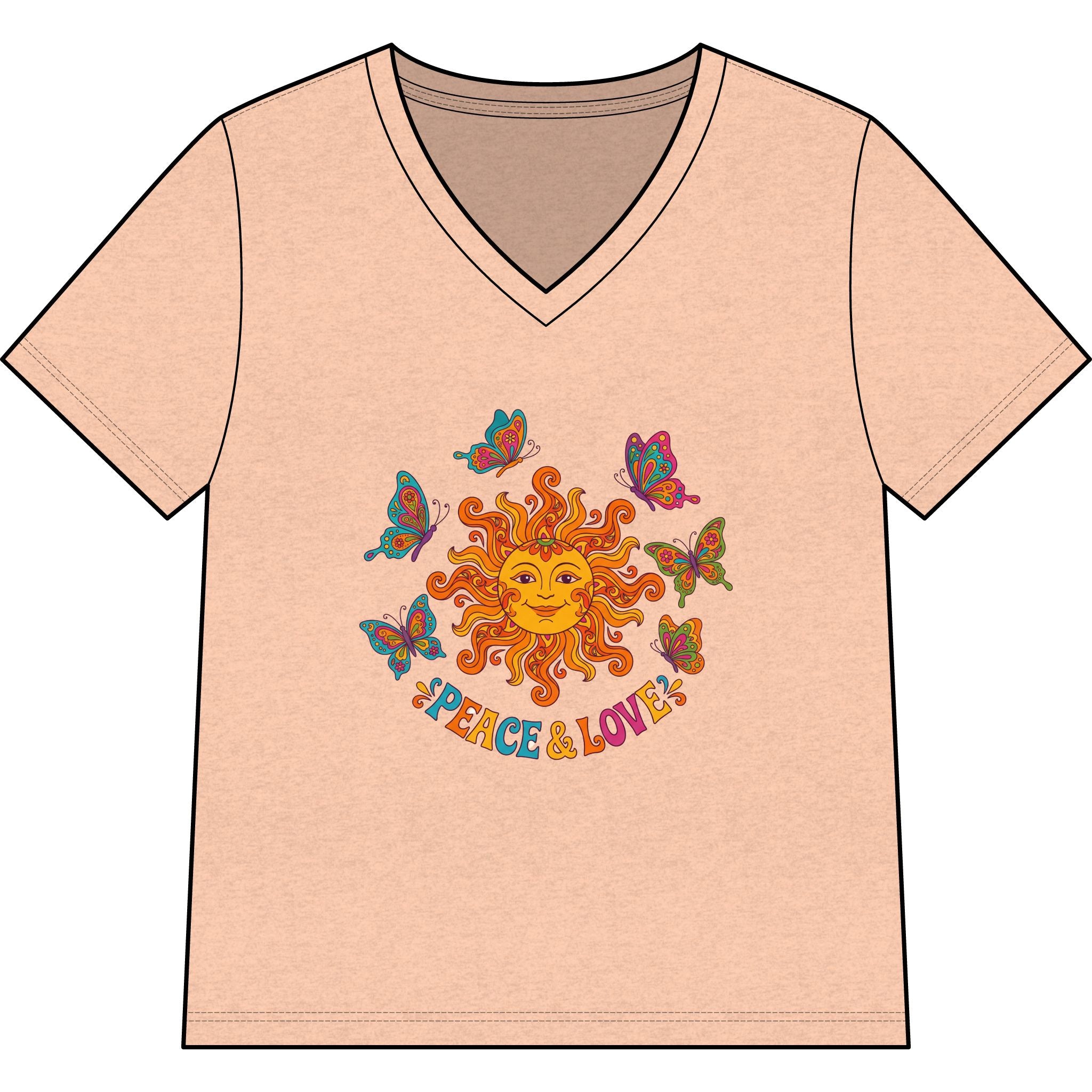 Peace & Love Sunflower Tee — Retro Sun and Butterflies V‑Neck
