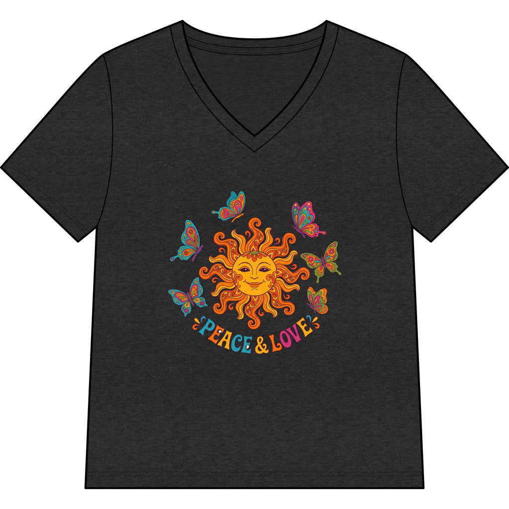 Peace & Love Sunflower Tee — Retro Sun and Butterflies V‑Neck