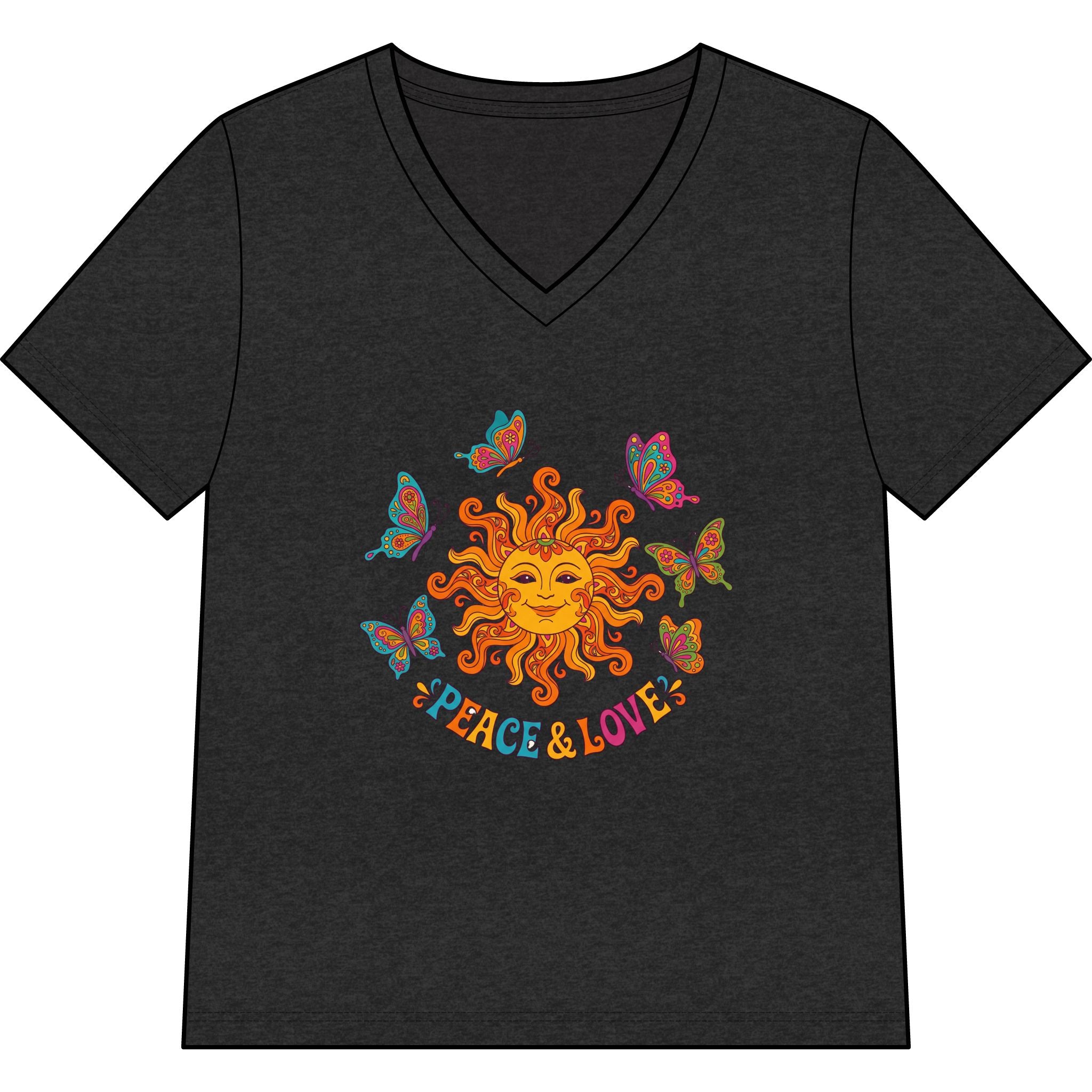 Peace & Love Sunflower Tee — Retro Sun and Butterflies V‑Neck