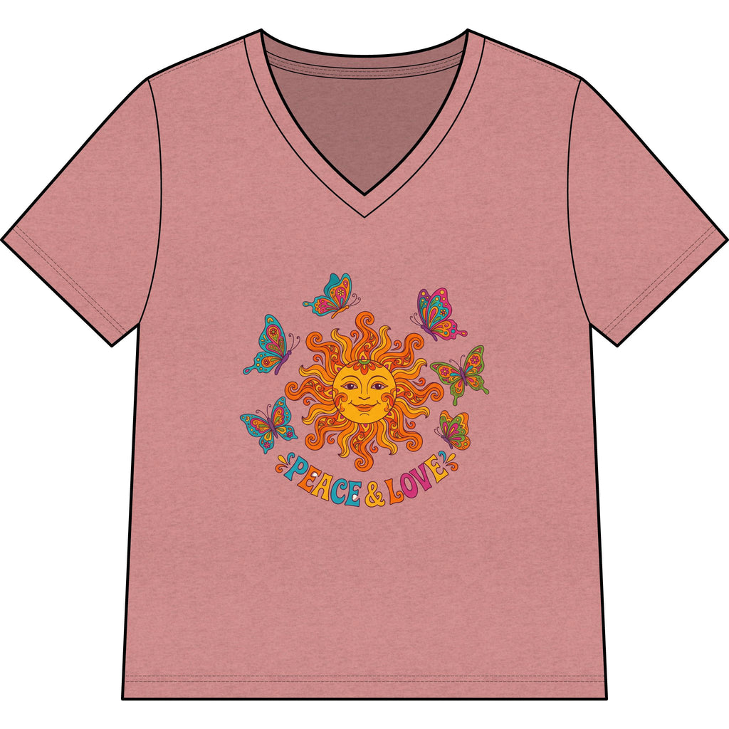 Peace & Love Sunflower Tee — Retro Sun and Butterflies V‑Neck