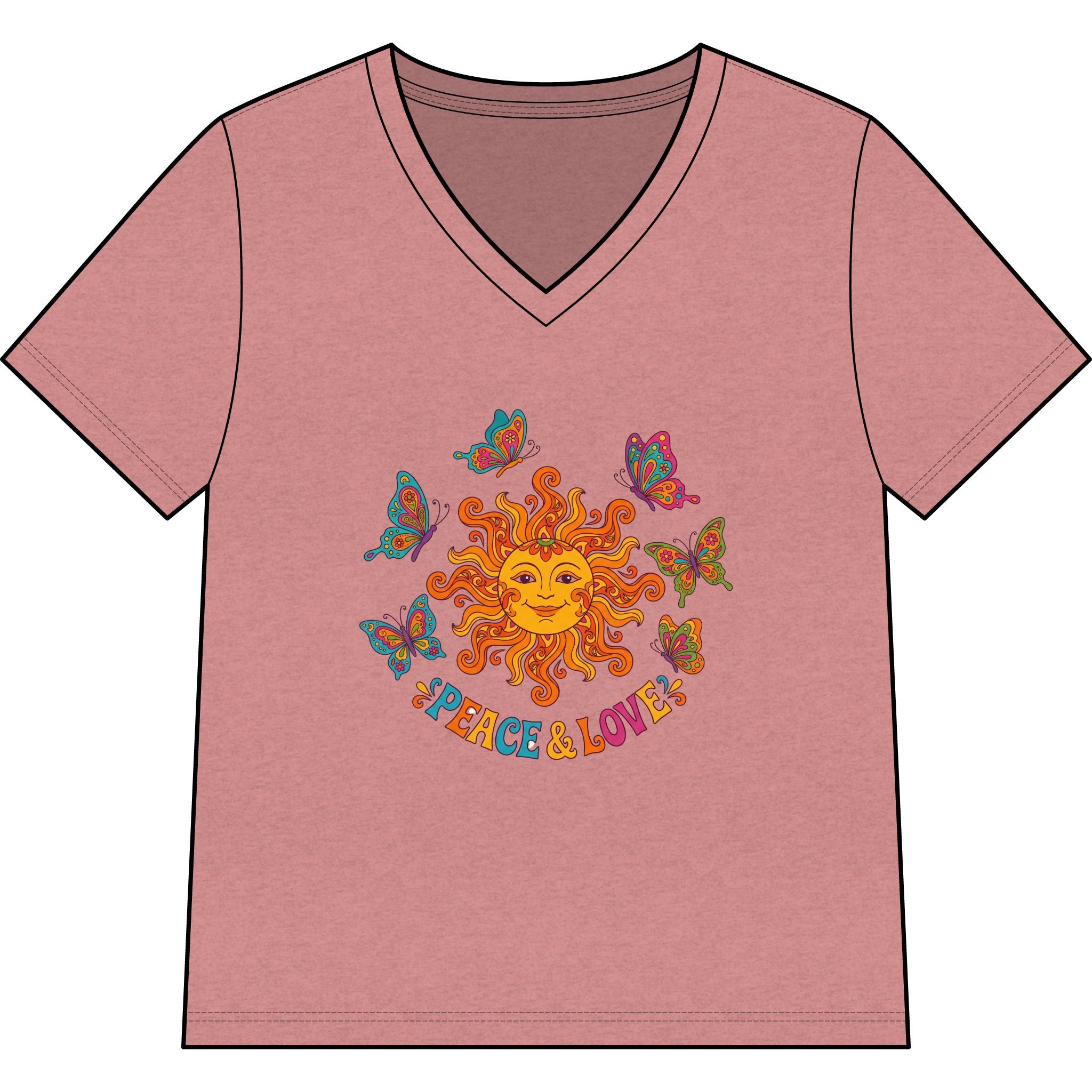 Peace & Love Sunflower Tee — Retro Sun and Butterflies V‑Neck