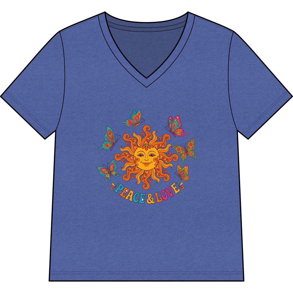 Peace & Love Sunflower Tee — Retro Sun and Butterflies V‑Neck