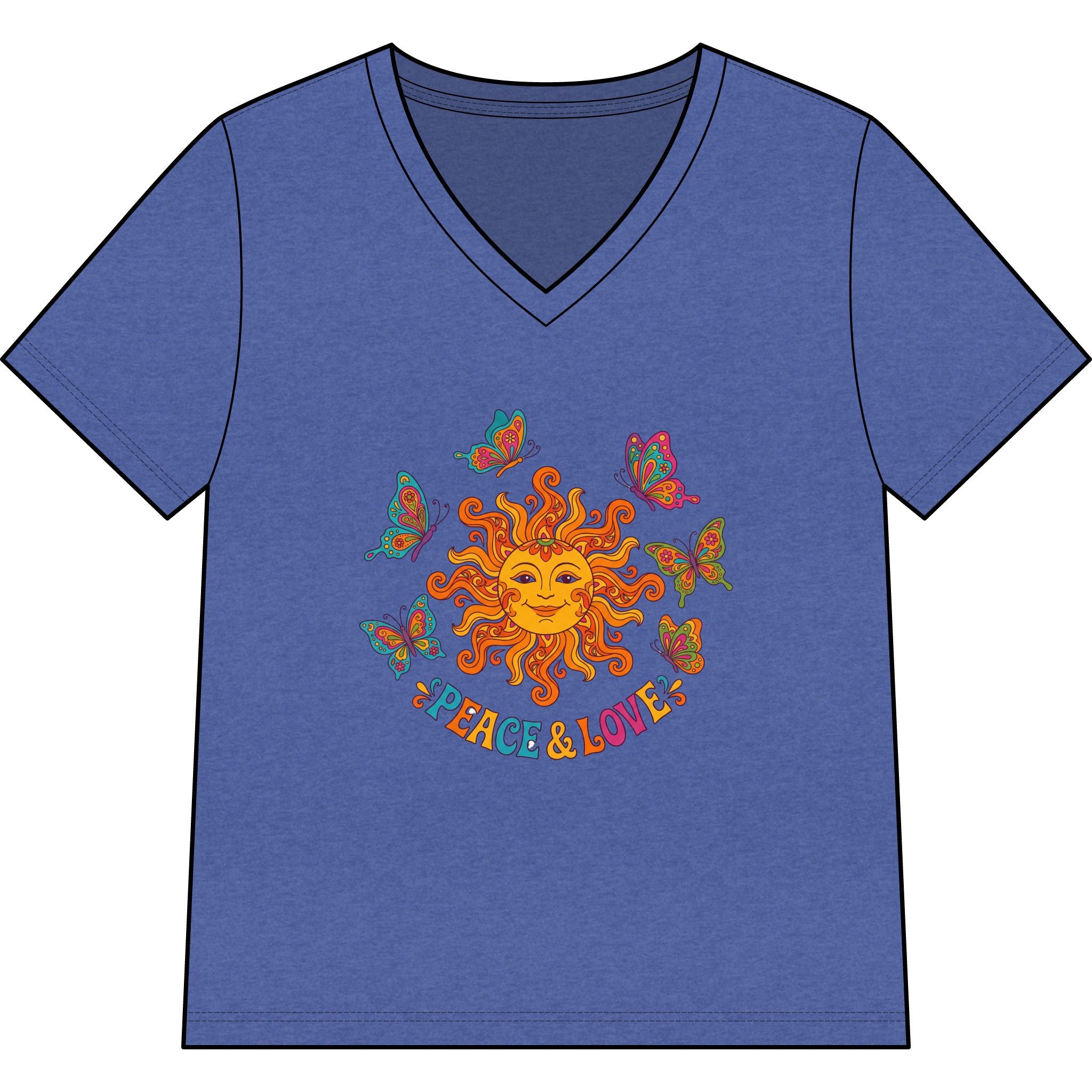 Peace & Love Sunflower Tee — Retro Sun and Butterflies V‑Neck