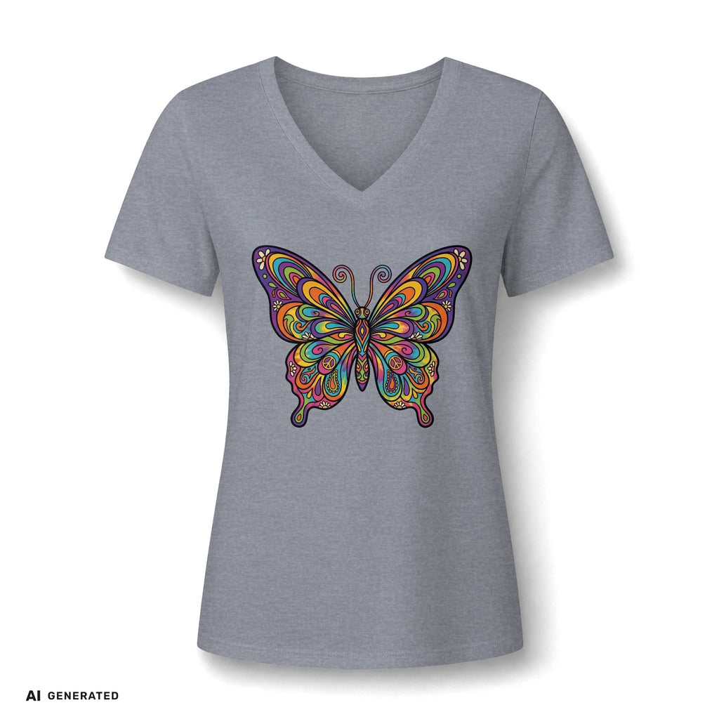 Damen V-Neck Butterfly Tee – Buntes Boho Schmetterlings-Shirt | musikworlds Artist Collection – AI GENERATED / KI-GENERIERT