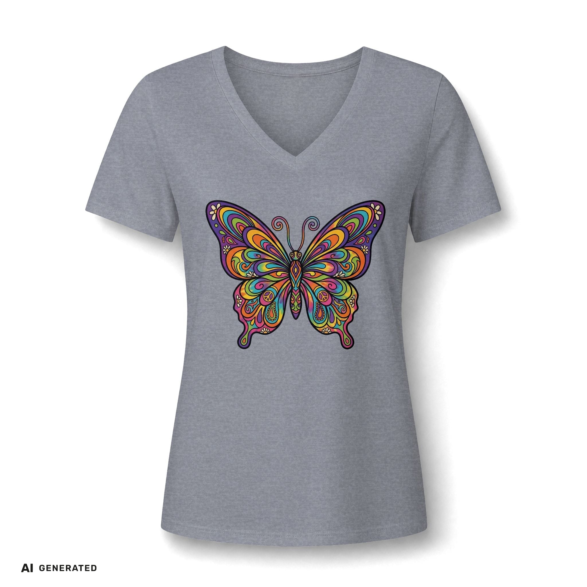Damen V-Neck Butterfly Tee – Buntes Boho Schmetterlings-Shirt | musikworlds Artist Collection – AI GENERATED / KI-GENERIERT