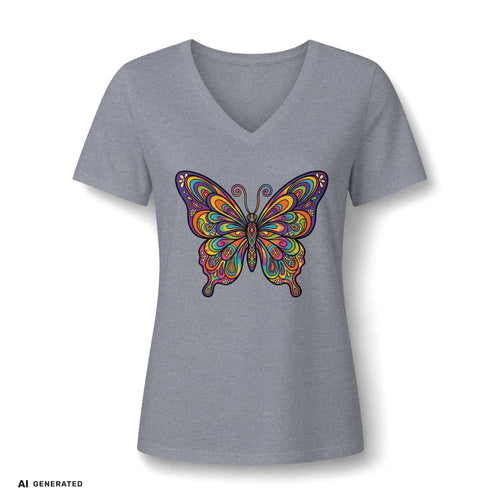 Damen V-Neck Butterfly Tee – Buntes Boho Schmetterlings-Shirt | musikworlds Artist Collection – AI GENERATED / KI-GENERIERT