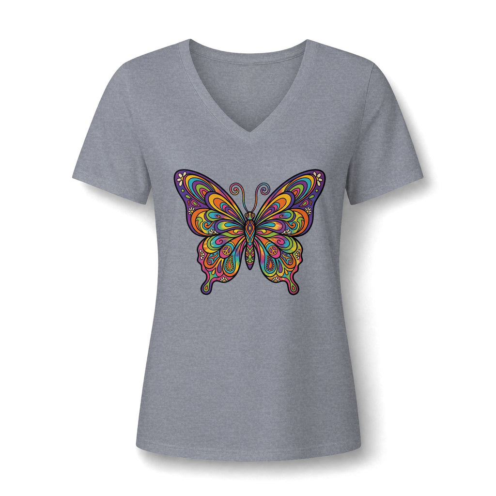 Damen V-Neck Butterfly Tee – Buntes Boho Schmetterlings-Shirt | musikworlds Artist Collection