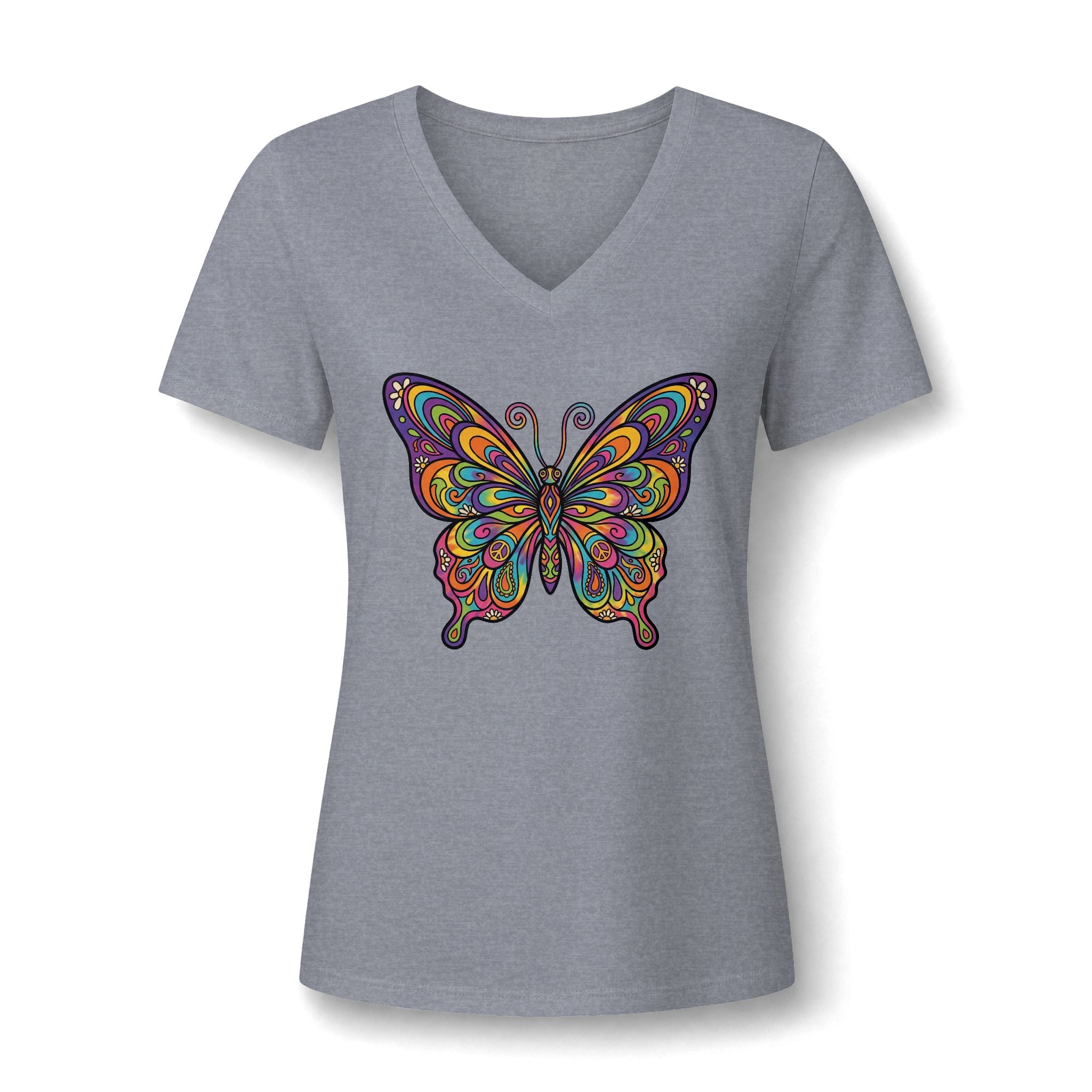 Damen V-Neck Butterfly Tee – Buntes Boho Schmetterlings-Shirt | musikworlds Artist Collection
