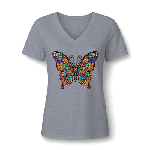 Damen V-Neck Butterfly Tee – Buntes Boho Schmetterlings-Shirt | musikworlds Artist Collection