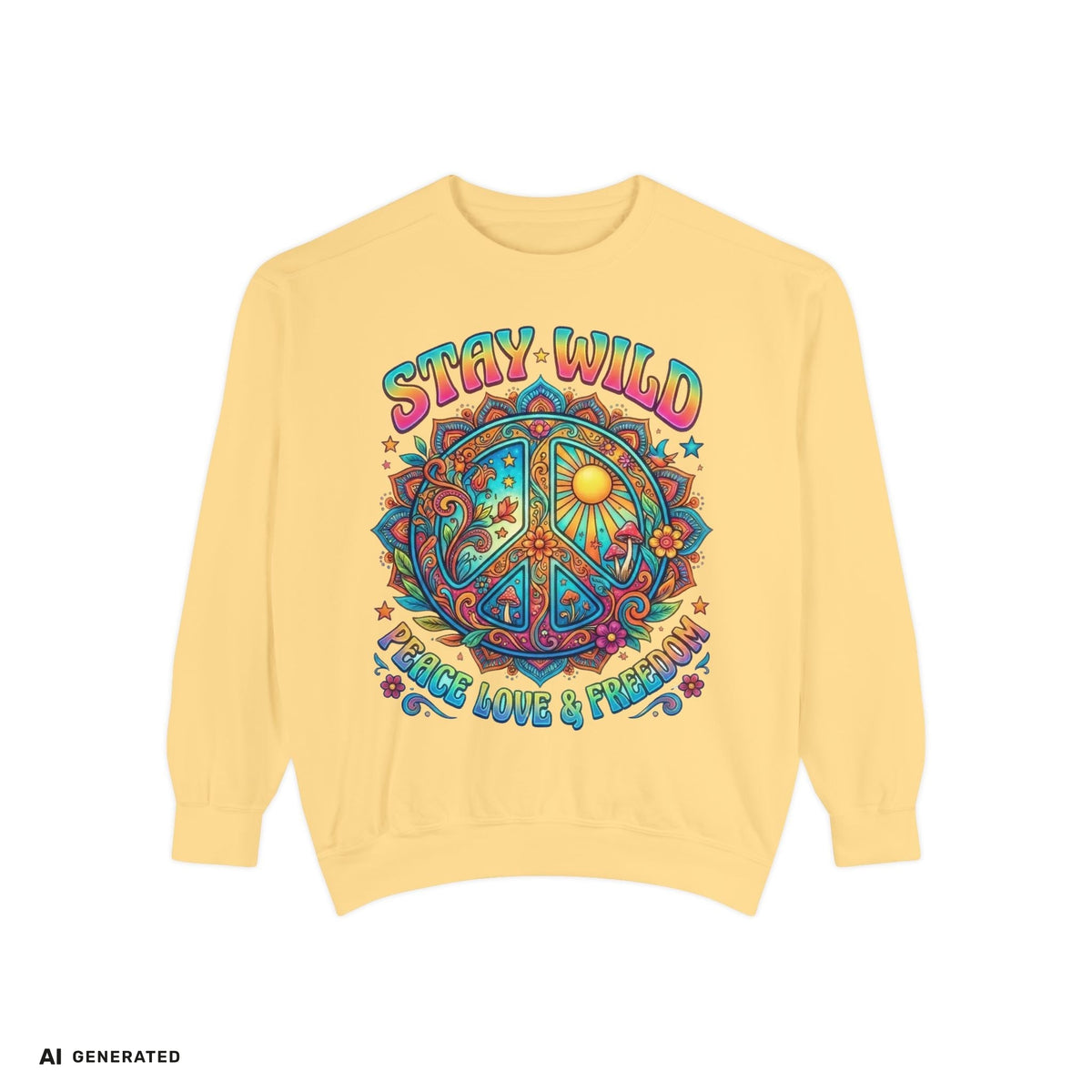 Stay Wild Peace Sign Sweatshirt – Retro Hippie Crewneck | musikworlds Artist Collection – AI GENERATED / KI-GENERIERT