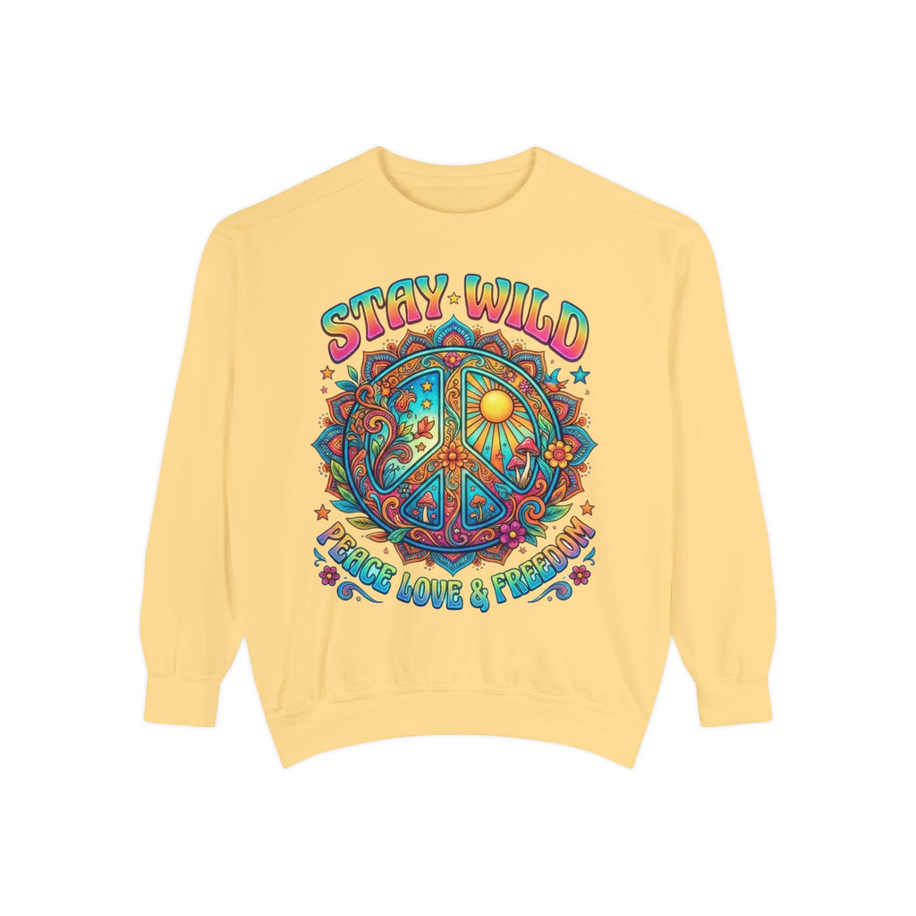 Stay Wild Peace Sign Sweatshirt — Retro Hippie Peace, Love & Freedom Crewneck