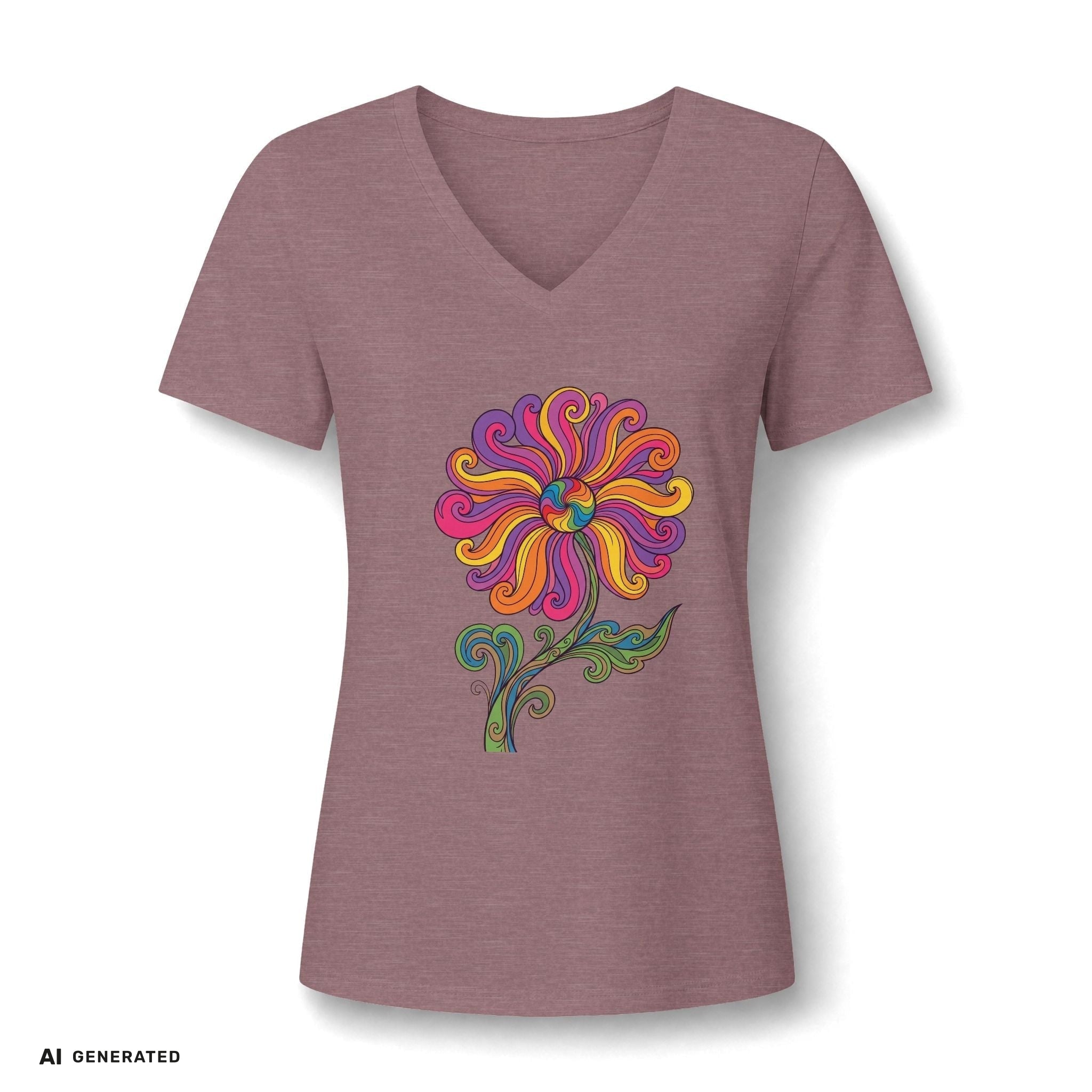 Damen V-Ausschnitt T-Shirt Blumenkind – Blumen Paisley Retro | musikworlds Artist Collection – AI GENERATED / KI-GENERIERT