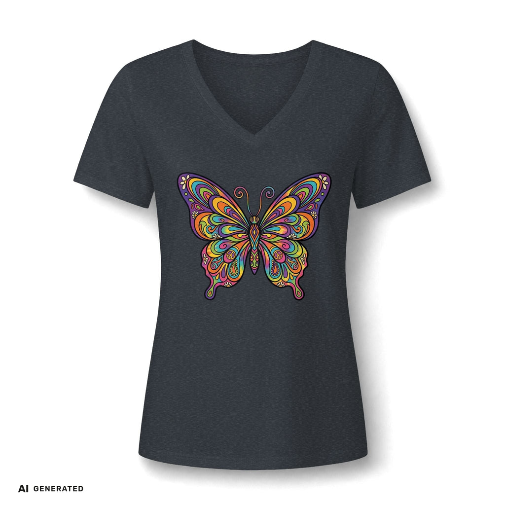Damen V-Neck Butterfly Tee – Buntes Boho Schmetterlings-Shirt | musikworlds Artist Collection – AI GENERATED / KI-GENERIERT
