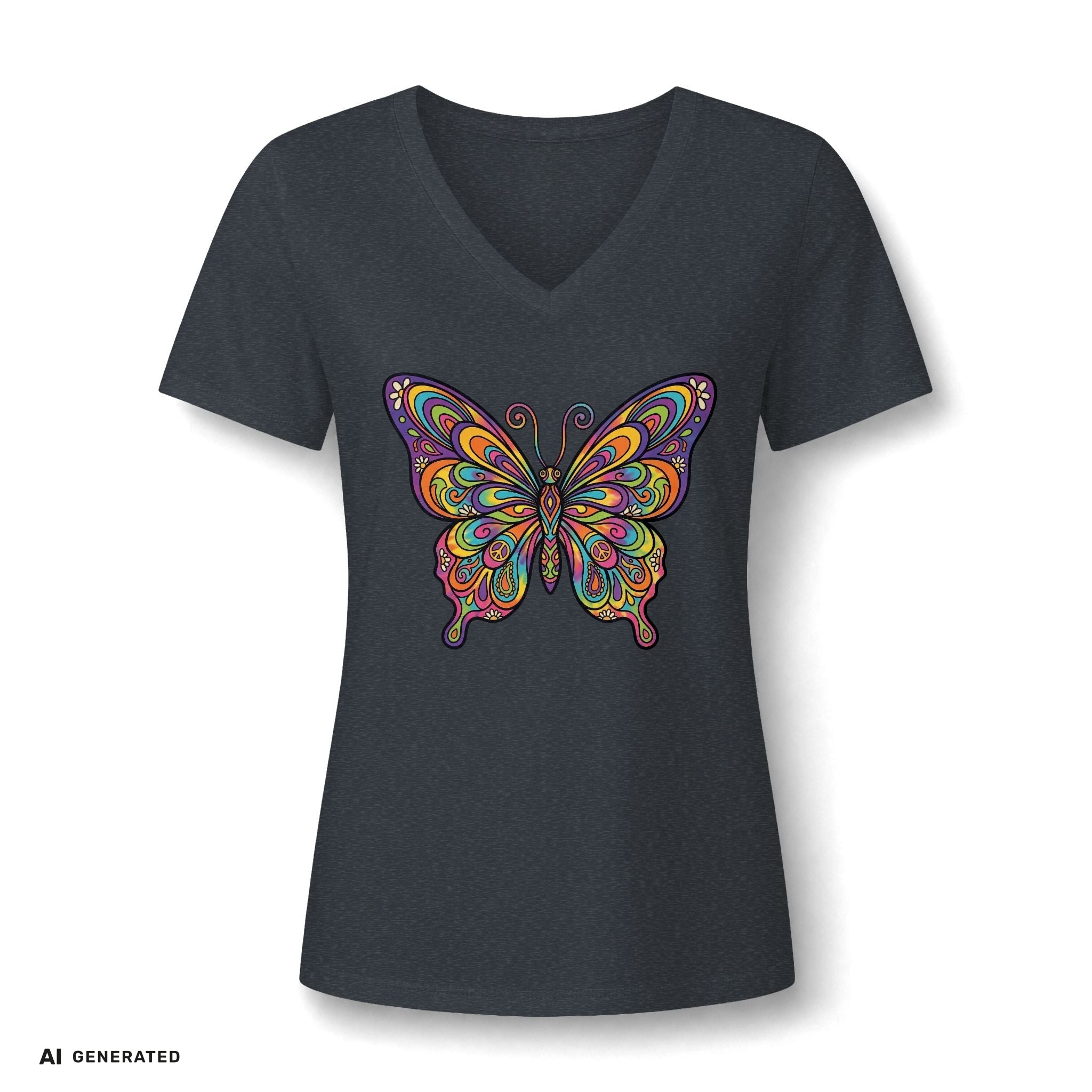 Damen V-Neck Butterfly Tee – Buntes Boho Schmetterlings-Shirt | musikworlds Artist Collection – AI GENERATED / KI-GENERIERT