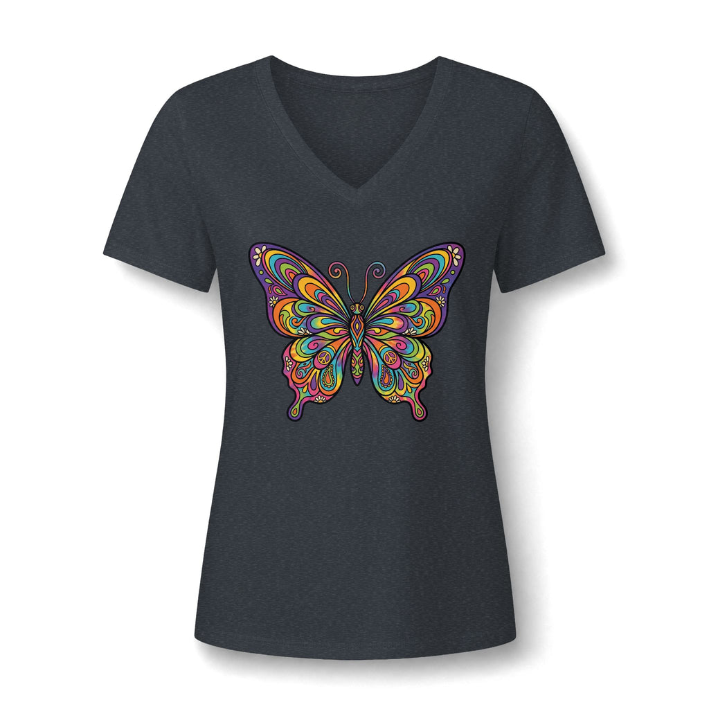 Damen V-Neck Butterfly Tee – Buntes Boho Schmetterlings-Shirt | musikworlds Artist Collection