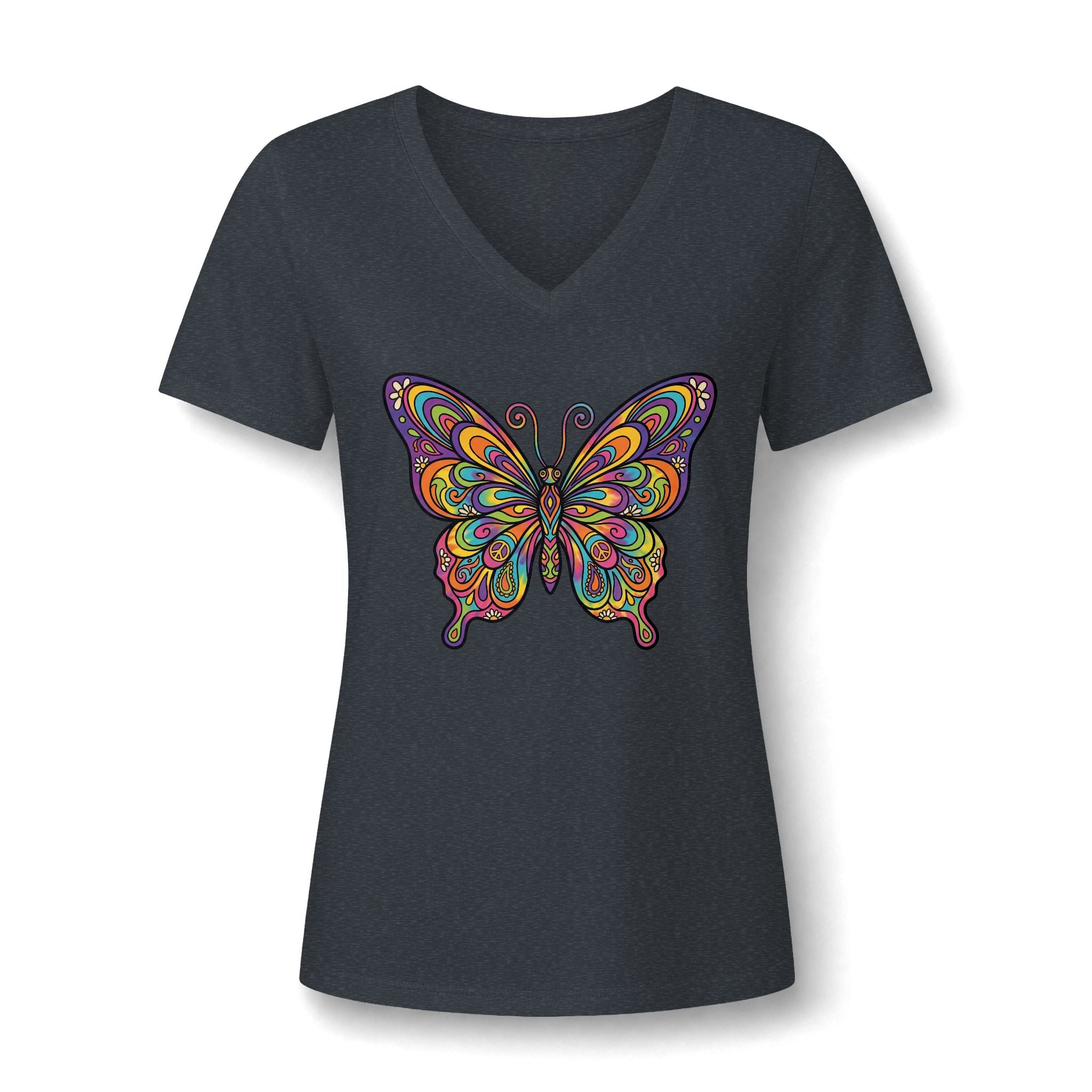 Damen V-Neck Butterfly Tee – Buntes Boho Schmetterlings-Shirt | musikworlds Artist Collection