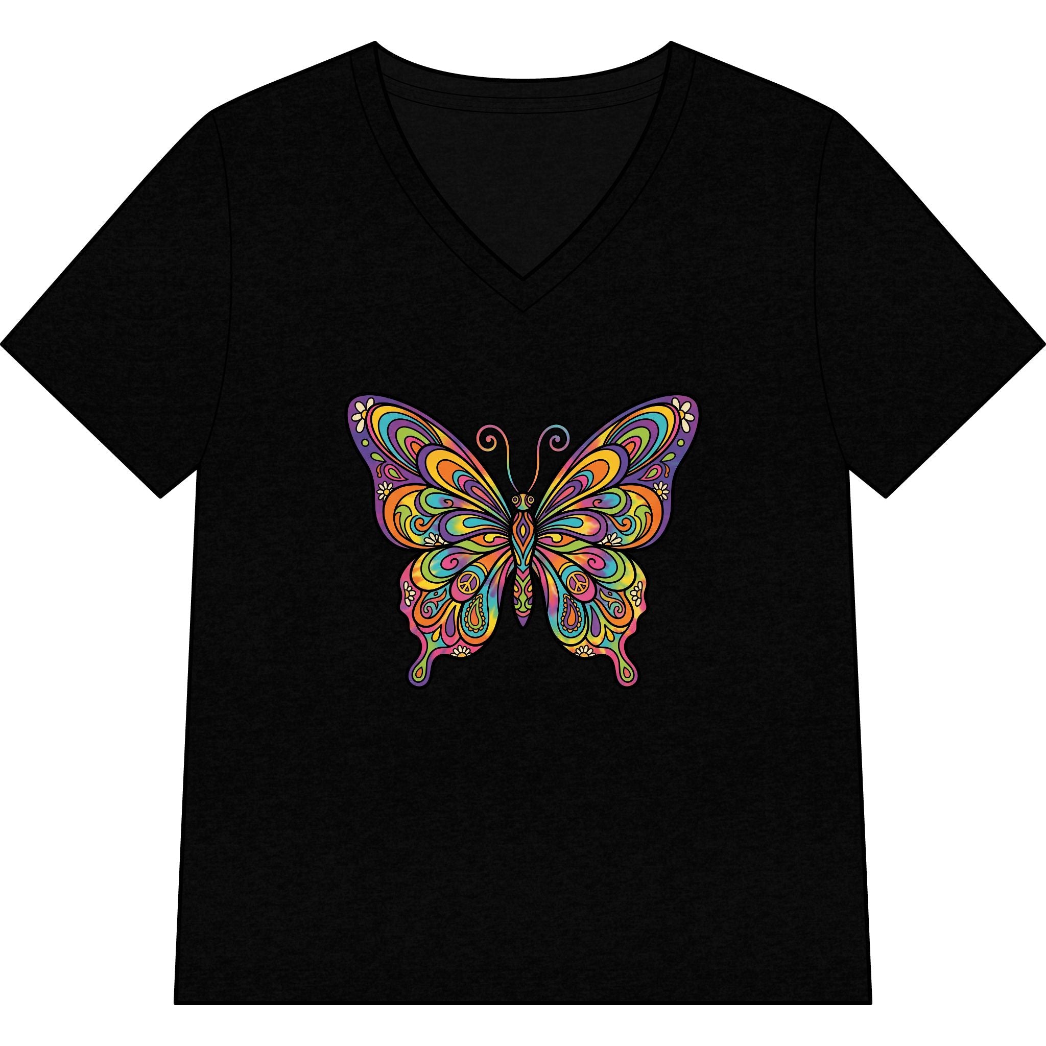 Women's V-Neck Butterfly Tee — Colorful Boho Butterfly Graphic Shirt