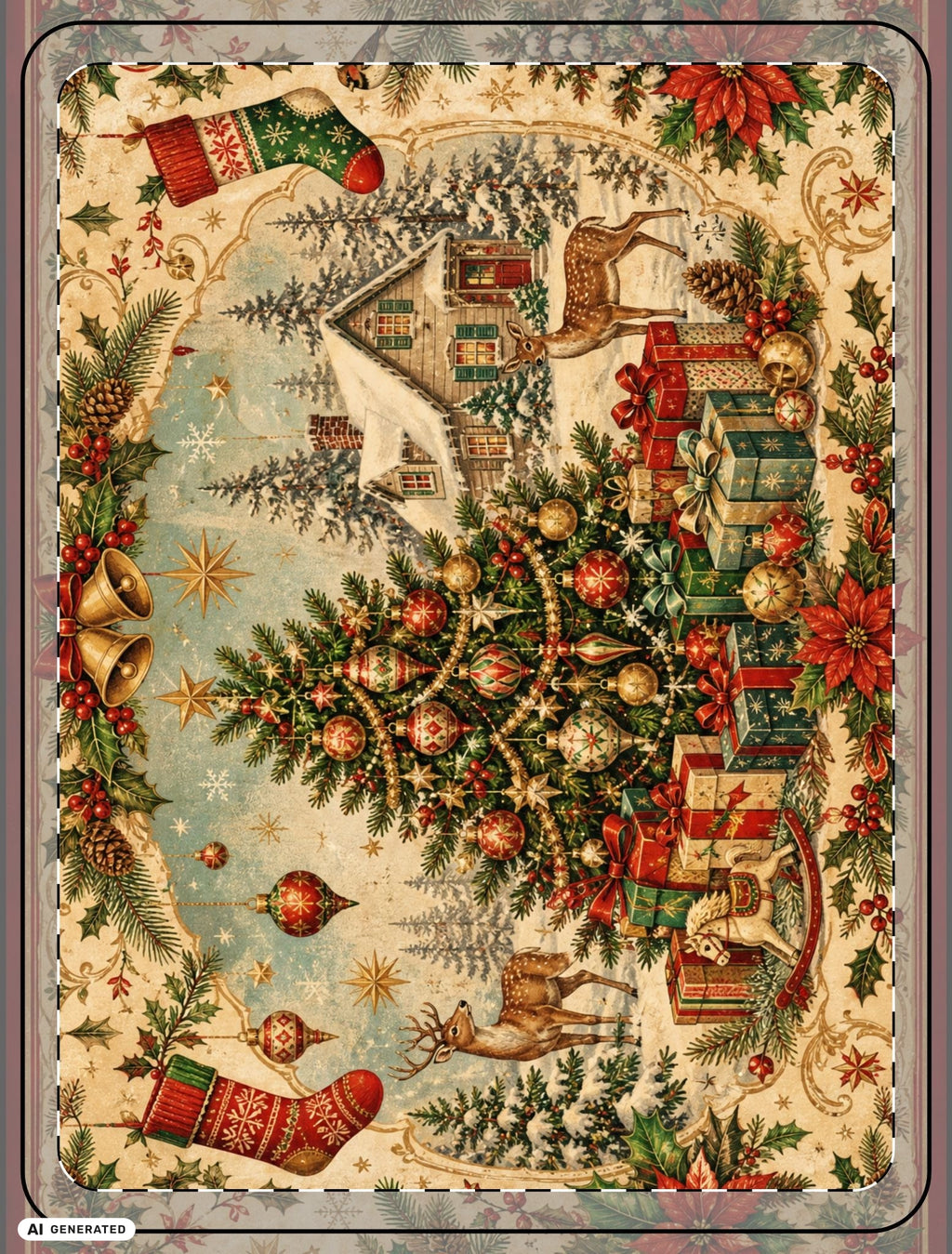 Vintage Christmas Blanket, Retro Christmas Tree Throw, Rustic Holiday Decor, Reindeer and Gift Print, Cozy Winter Home Decor | musikworlds Artist Collection – AI GENERATED / KI-GENERIERT