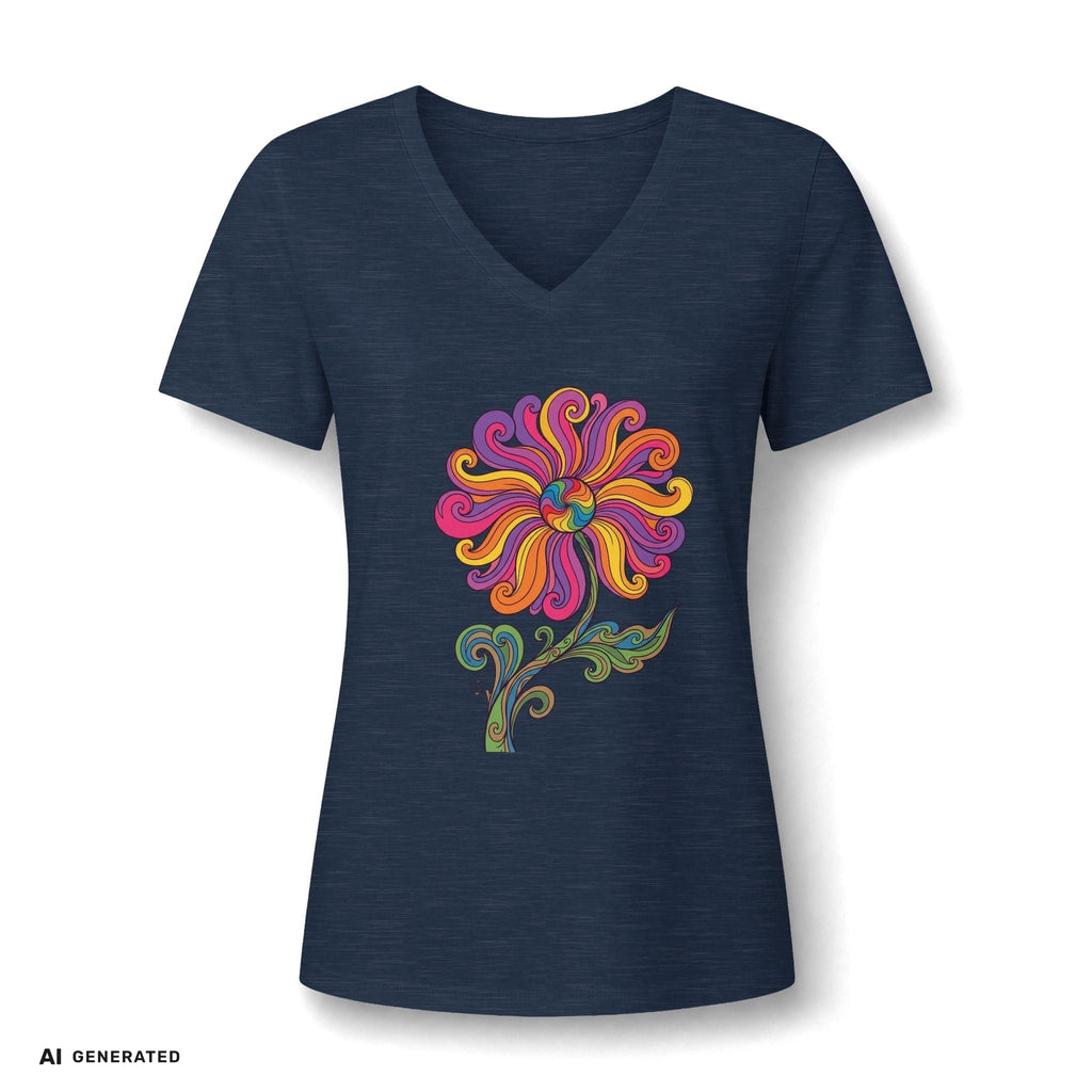 Damen V-Ausschnitt T-Shirt Blumenkind – Blumen Paisley Retro | musikworlds Artist Collection – AI GENERATED / KI-GENERIERT