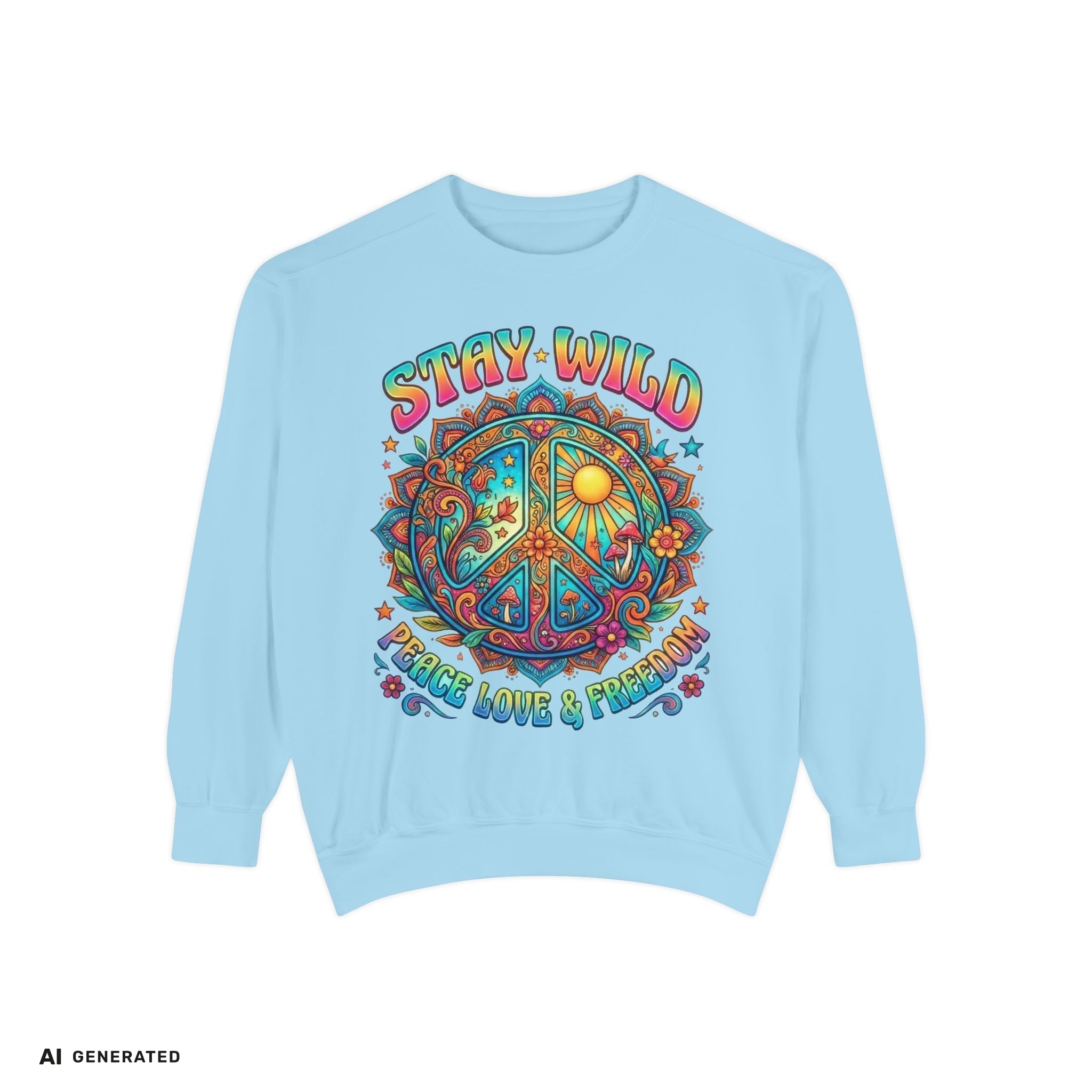 Stay Wild Peace Sign Sweatshirt – Retro Hippie Crewneck | musikworlds Artist Collection – AI GENERATED / KI-GENERIERT