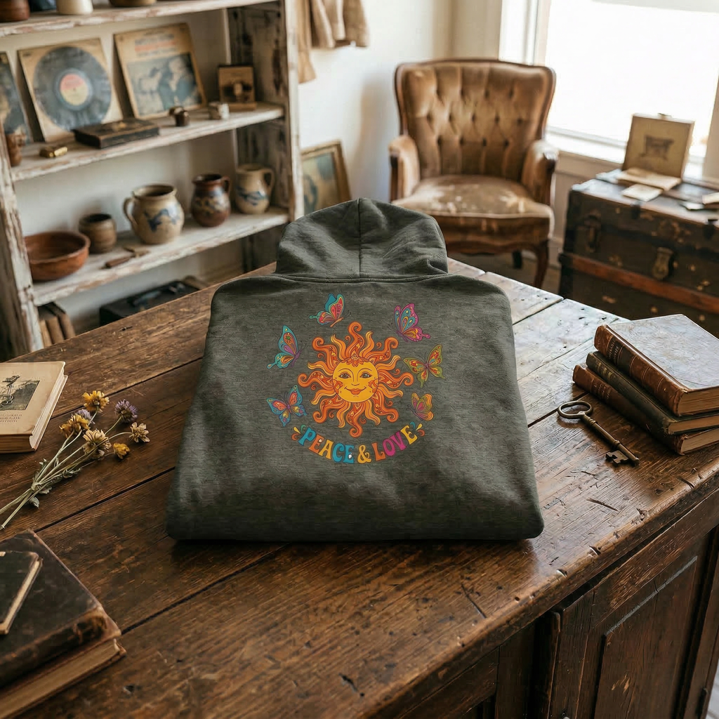 Peace & Love Sunflower Tee — Retro Sun and Butterflies  Powerblend Kapuzenpullover mit Reißverschluss | Champion S800