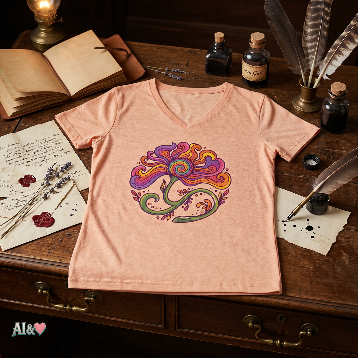 Floral Swirl V-Neck Tee – Boho Blumen Graphic Tee Damen | musikworlds Artist Collection – AI CUSTOM / KI CUSTOM