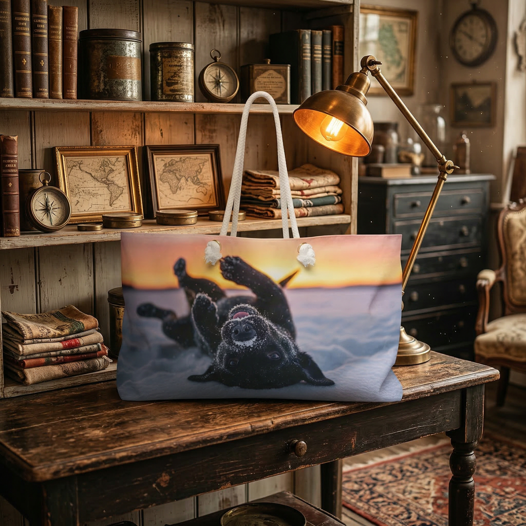 Playful Labrador Weekender Bag – Snowy Sunset Dog Print Travel Tote