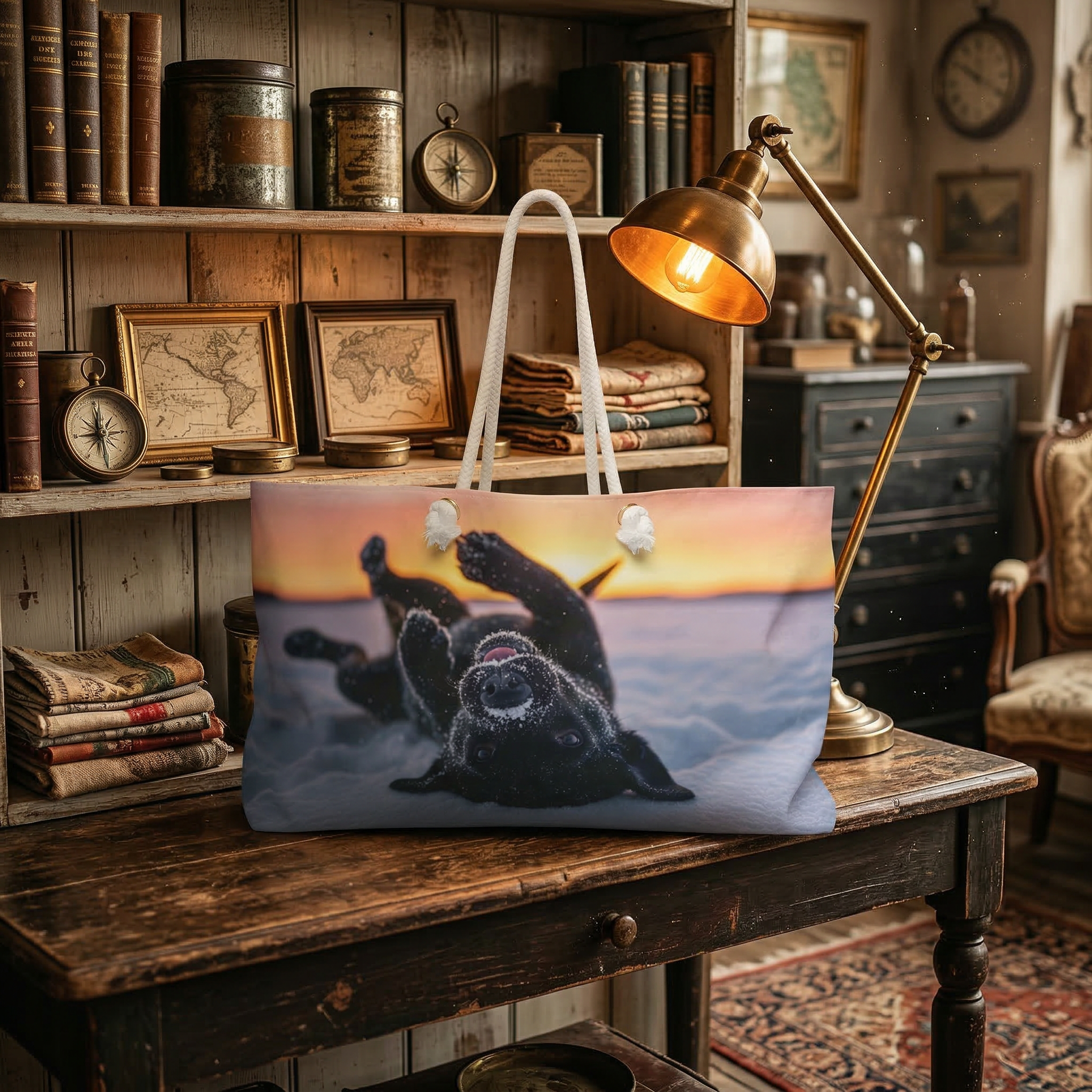 Playful Labrador Weekender Bag – Snowy Sunset Dog Print Travel Tote