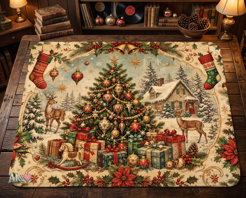 Vintage Christmas Blanket, Retro Christmas Tree Throw, Rustic Holiday Decor, Reindeer and Gift Print, Cozy Winter Home Decor | musikworlds Artist Collection – AI CUSTOM / KI CUSTOM