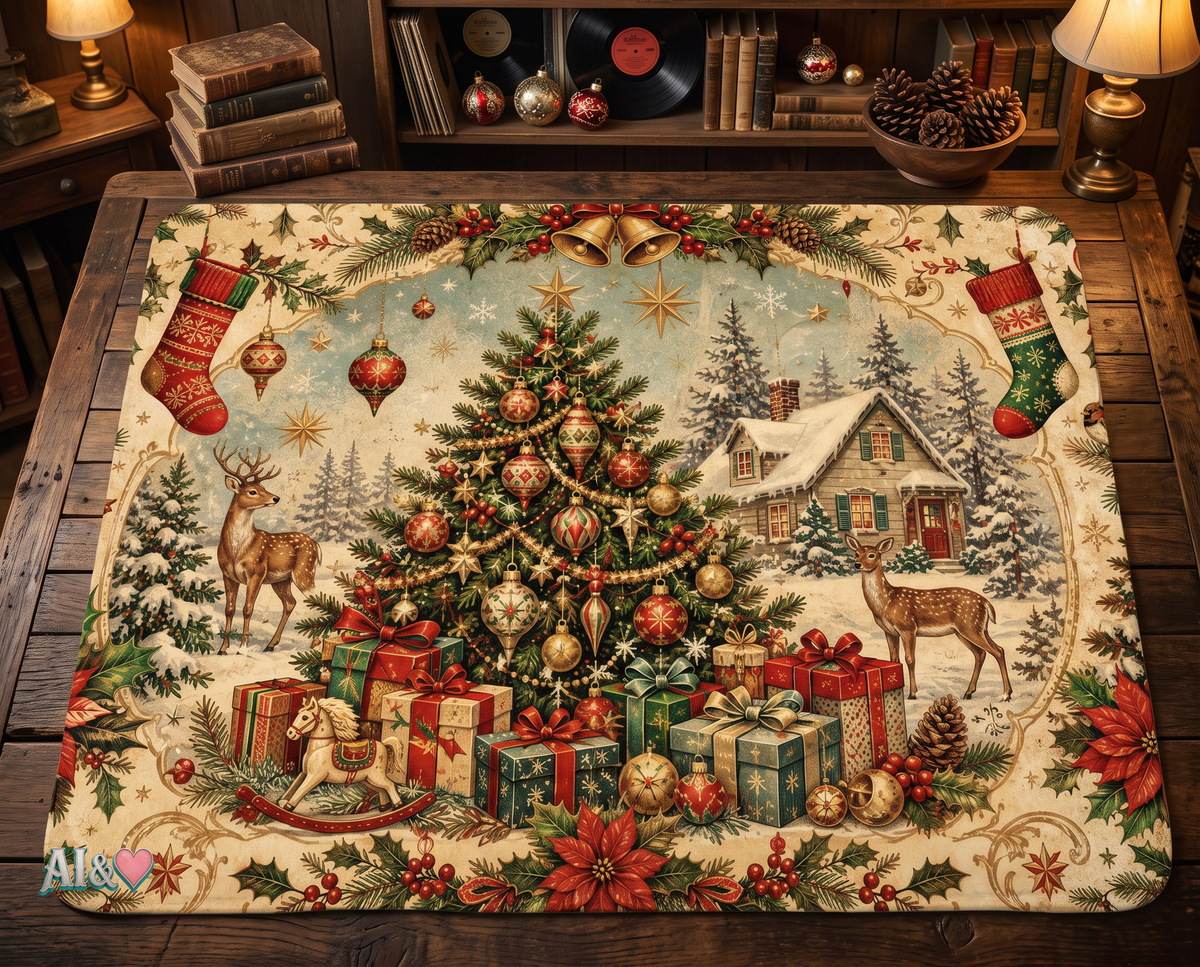 Vintage Christmas Blanket, Retro Christmas Tree Throw, Rustic Holiday Decor, Reindeer and Gift Print, Cozy Winter Home Decor | musikworlds Artist Collection – AI CUSTOM / KI CUSTOM
