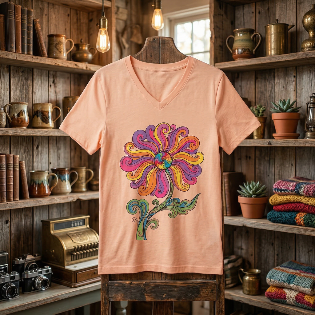 Women’s V-Neck Tee — Colorful Retro Floral Paisley Graphic