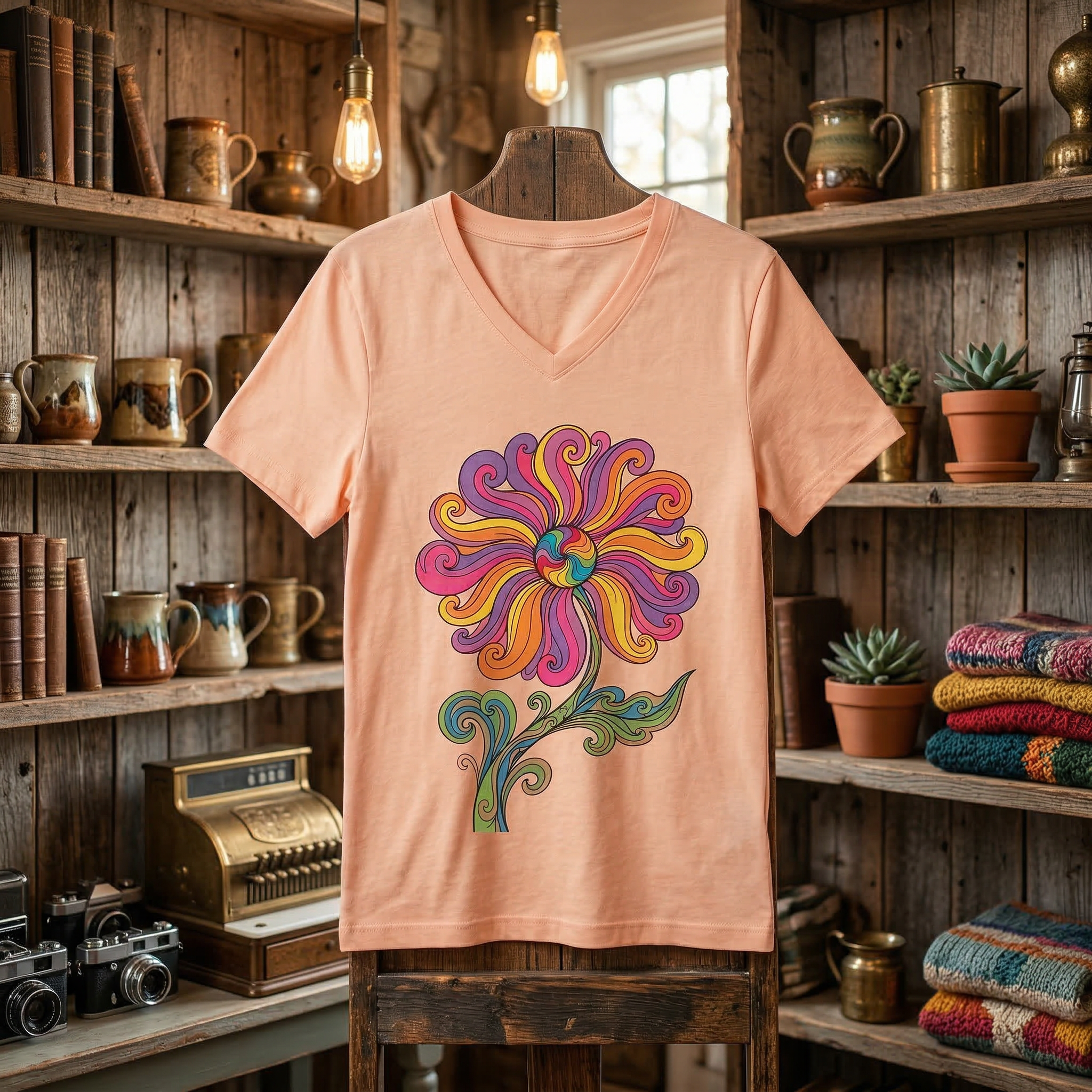 Women’s V-Neck Tee — Colorful Retro Floral Paisley Graphic