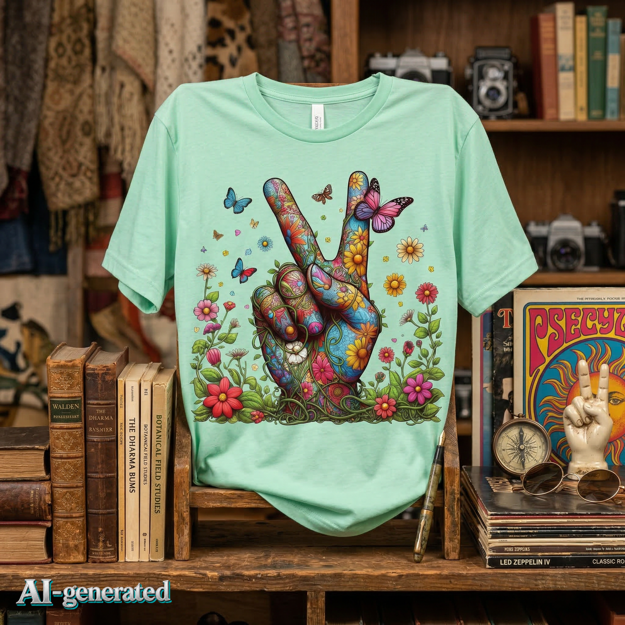 EU AI label - Unisex T-Shirt Flowery Hand Peace – Boho Grafik-Tee | musikworlds